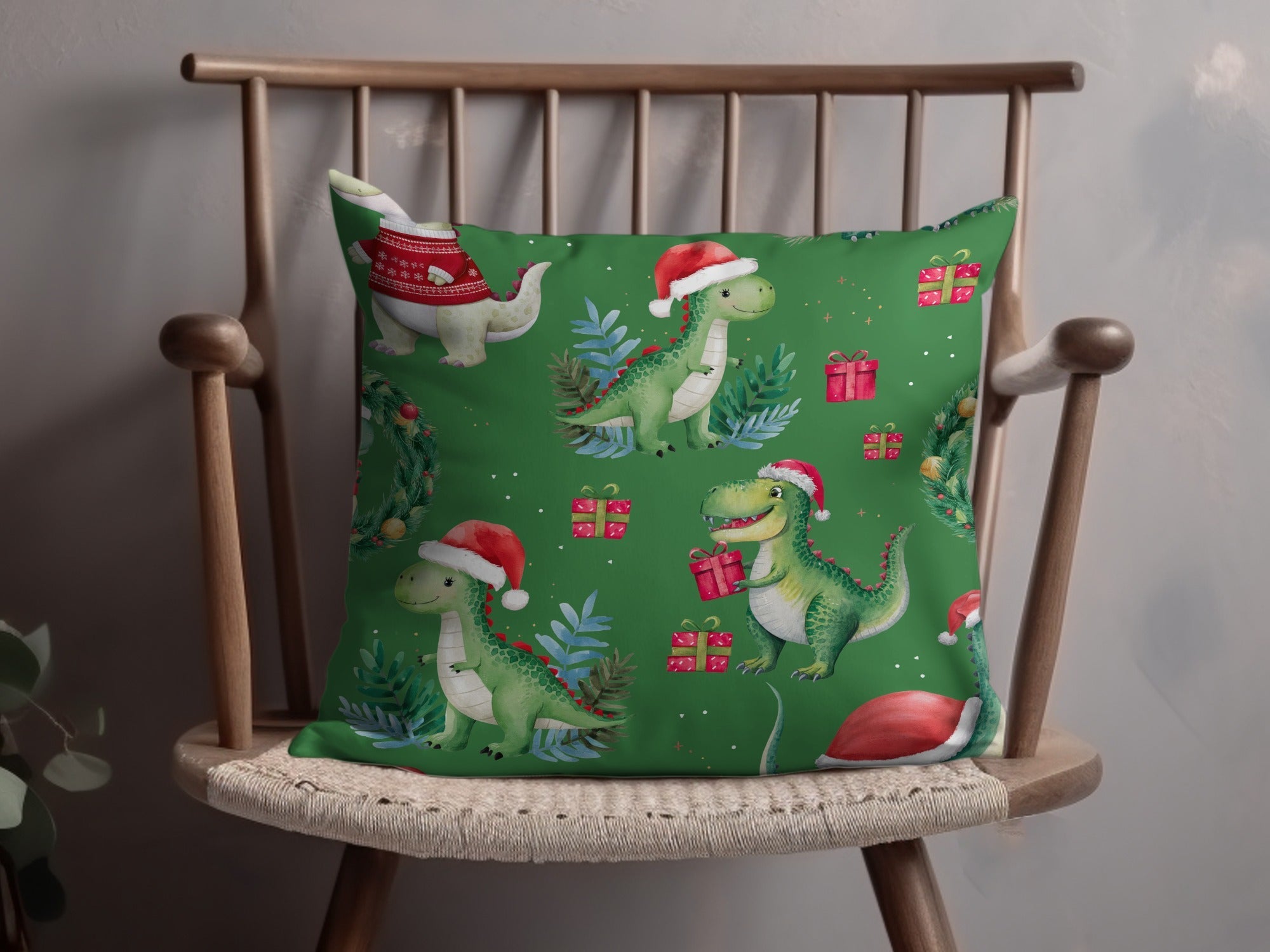 Green Christmas Dinosaur Digital Pattern, Winter Dino Art, Red Hat, Holiday Seamless Design, Festive Printable Paper, Kids Fabric Design - Moore and Mountain