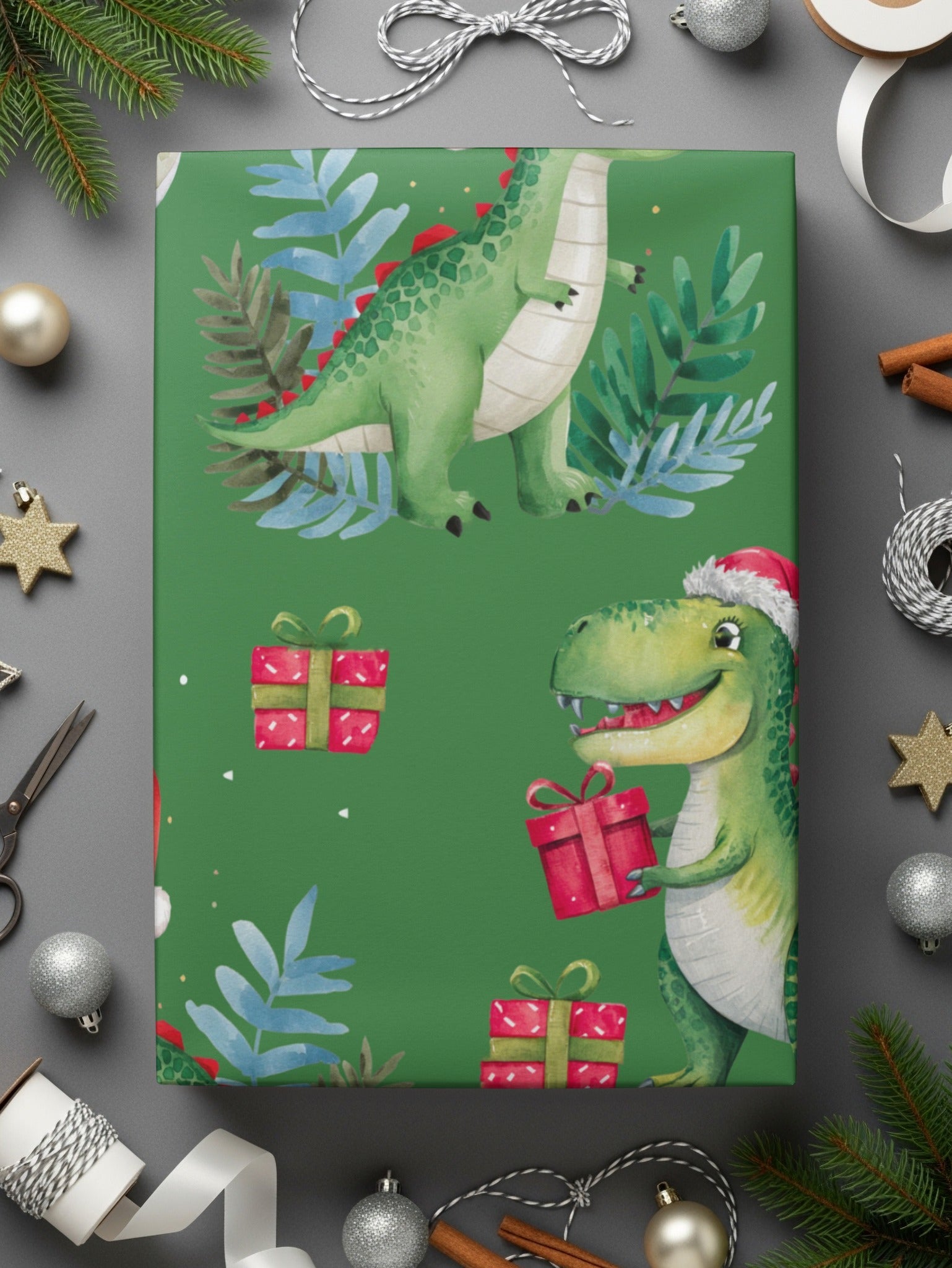 Green Christmas Dinosaur Digital Pattern, Winter Dino Art, Red Hat, Holiday Seamless Design, Festive Printable Paper, Kids Fabric Design - Moore and Mountain