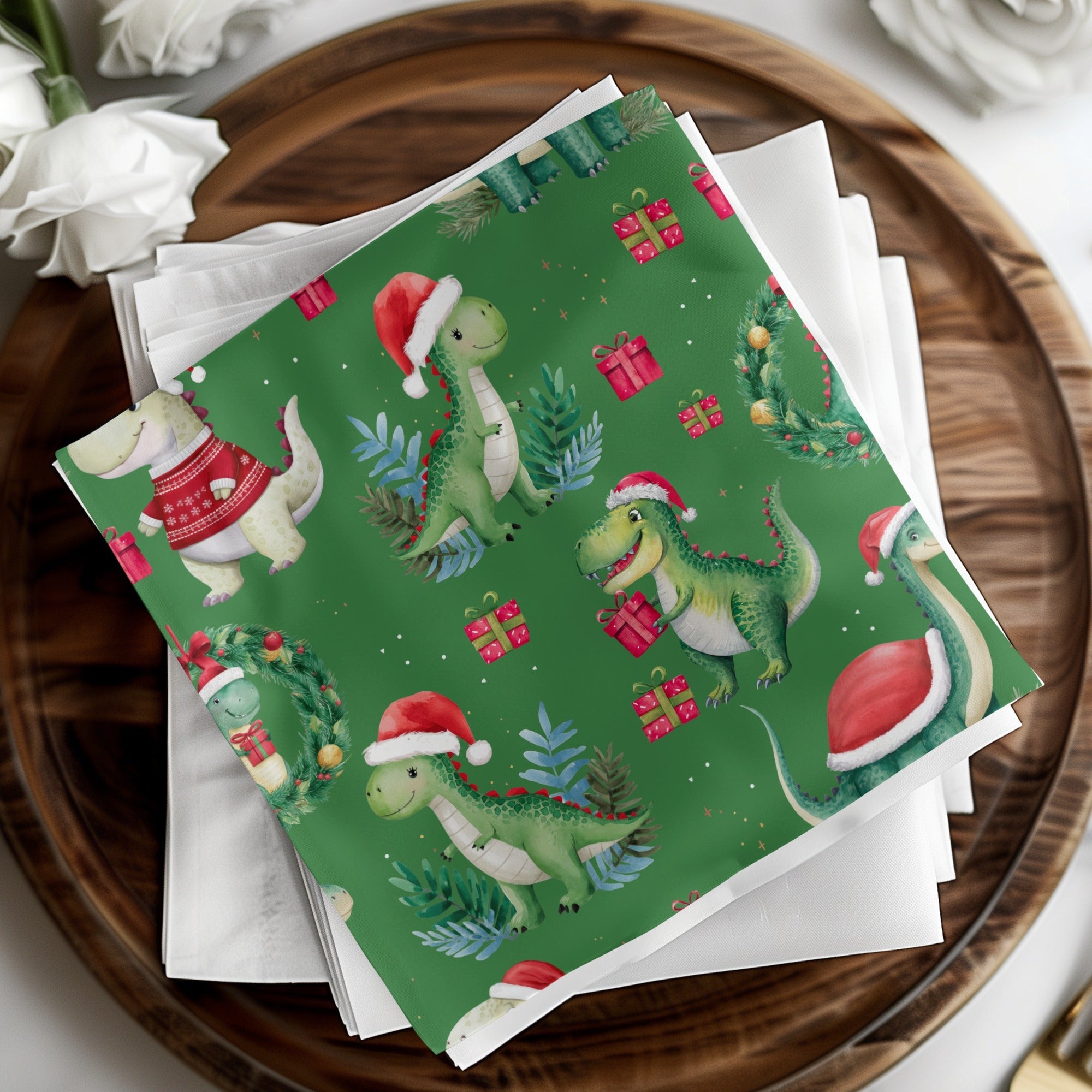 Green Christmas Dinosaur Digital Pattern, Winter Dino Art, Red Hat, Holiday Seamless Design, Festive Printable Paper, Kids Fabric Design - Moore and Mountain