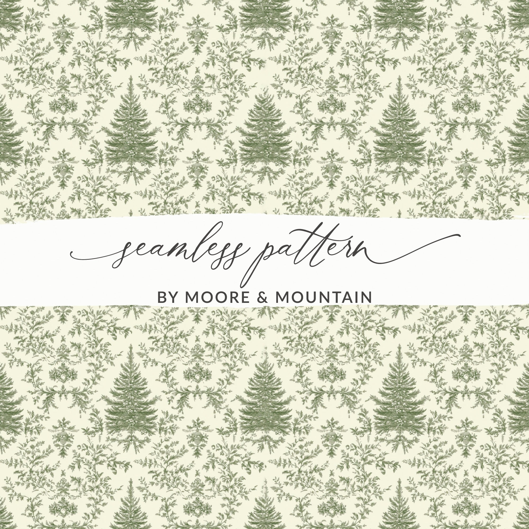 Green Toile Digital Paper, Christmas Tree Seamless Pattern, Printable Fabric Design, Scrapbook Paper, Commercial Use, Vintage Botanical - Moore and Mountain