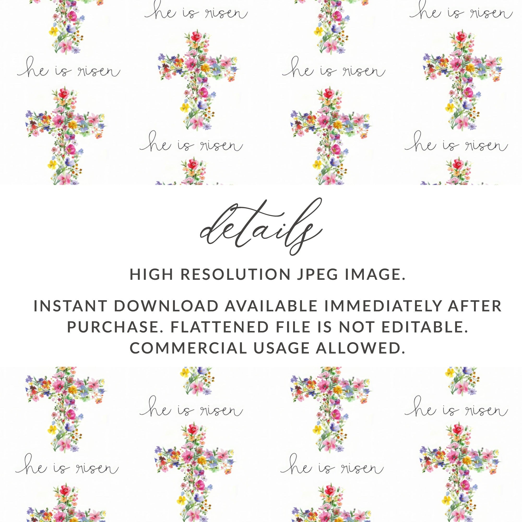 He Is Risen Digital Seamless Pattern, Floral Cross, Easter Printable, Watercolor Pattern, Church Digital Paper, Religious Design - Moore and Mountain