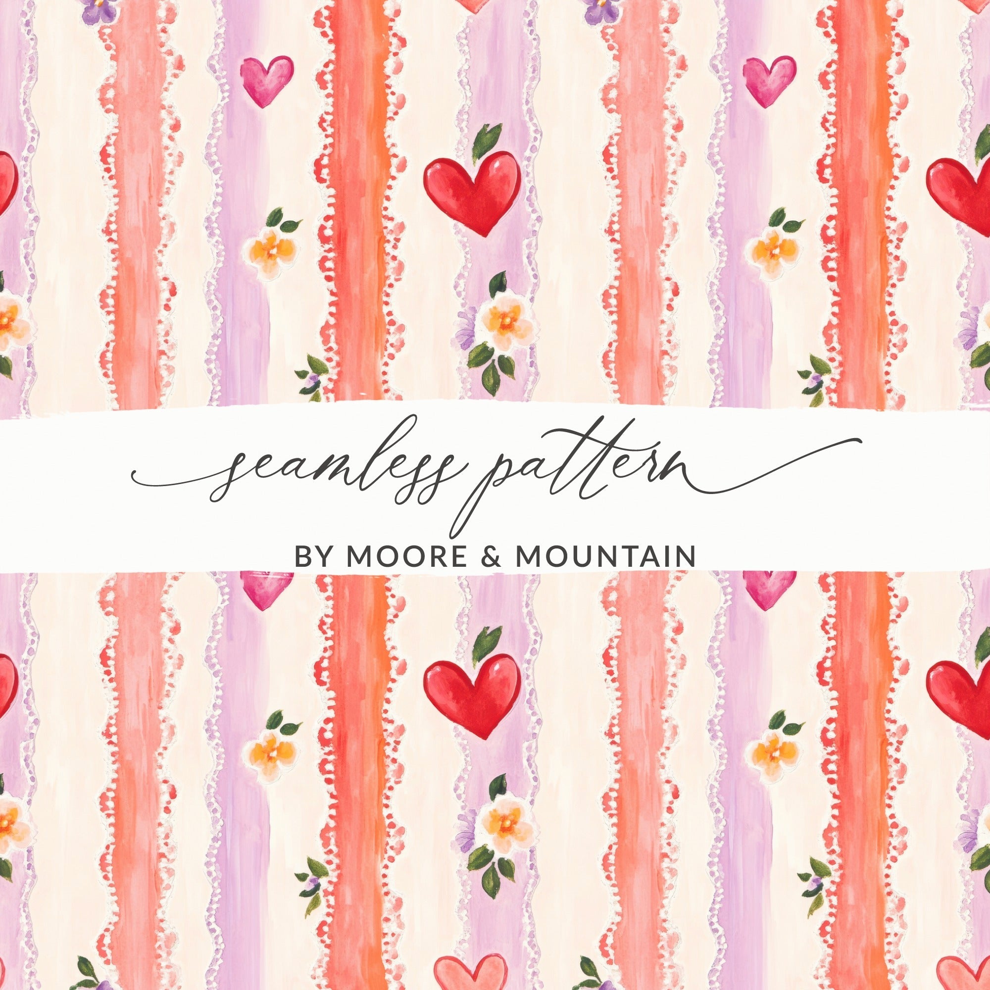 Heart and Floral Stripe Digital Paper, Seamless Pattern Digital, Valentine's Day Digital Paper, Scrapbook Paper, Digital Download - Moore and Mountain