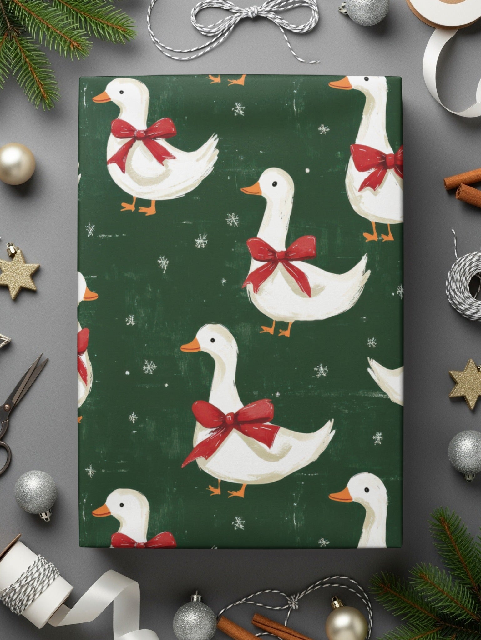 Holiday Geese With Bows on Dark Green Background Digital - Moore and Mountain