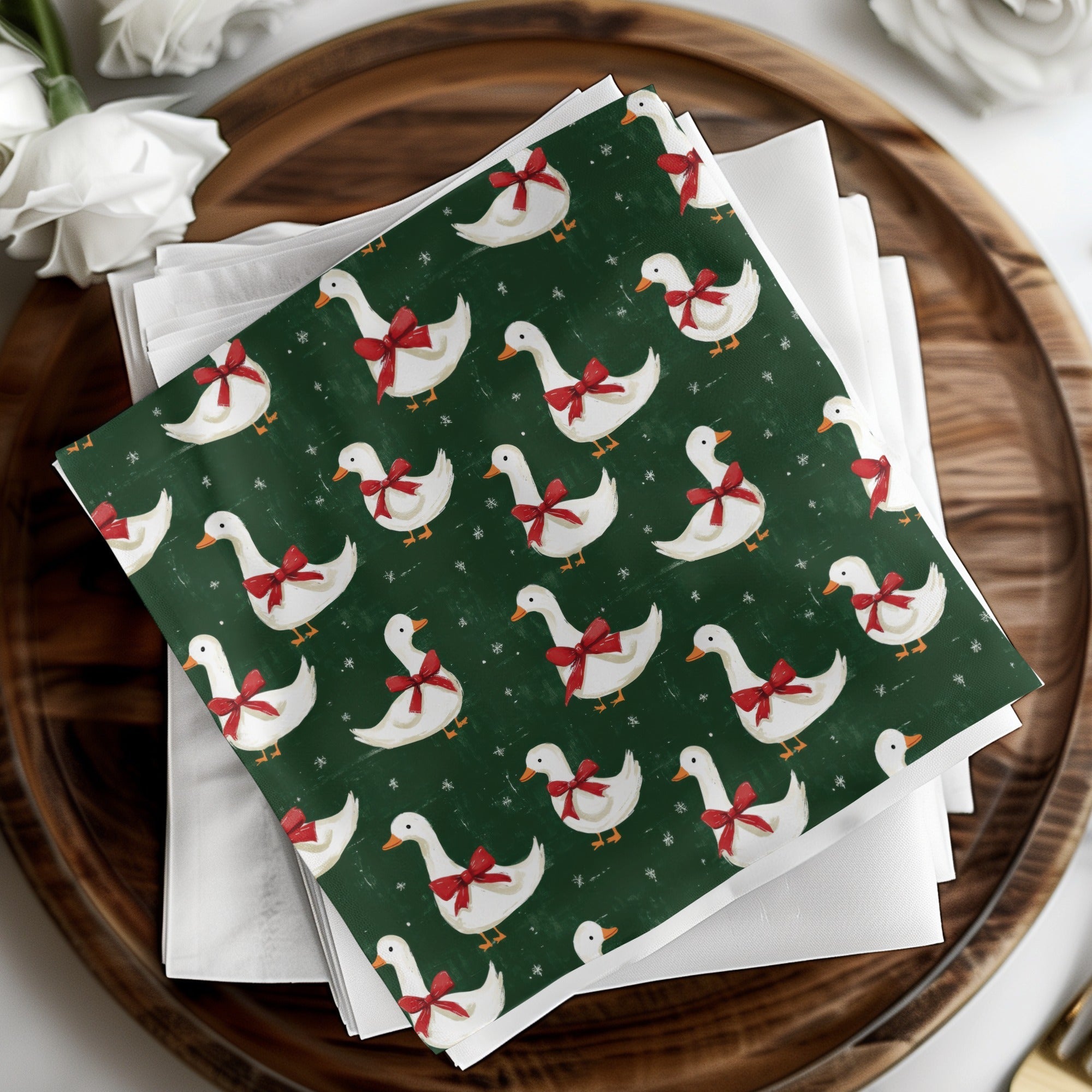 Holiday Geese With Bows on Dark Green Background Digital - Moore and Mountain