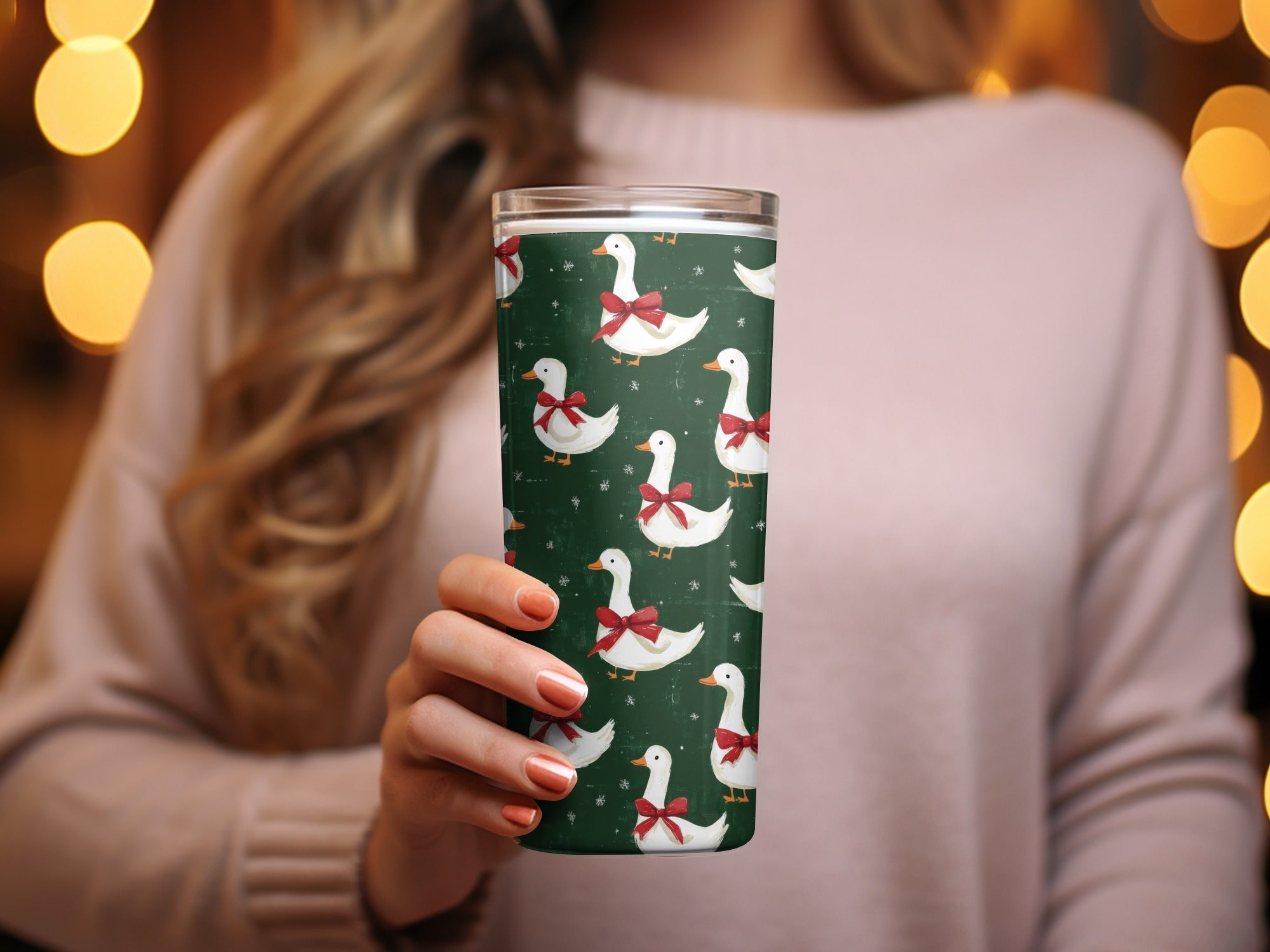 Holiday Geese With Bows on Dark Green Background Digital - Moore and Mountain