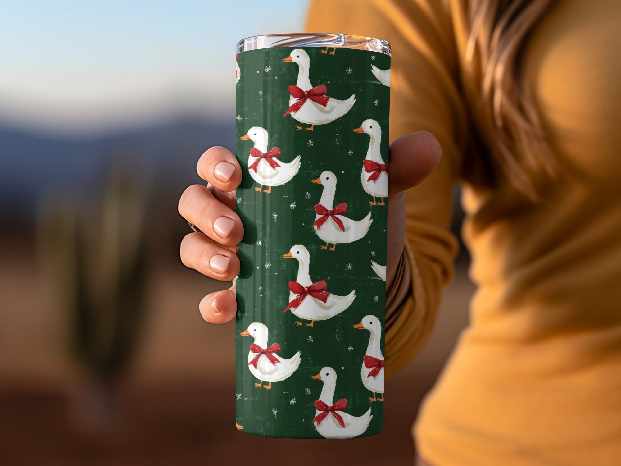 Holiday Geese With Bows on Dark Green Background Digital - Moore and Mountain