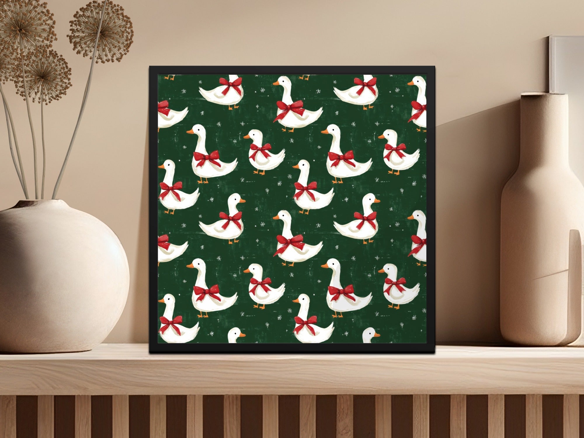 Holiday Geese With Bows on Dark Green Background Digital - Moore and Mountain