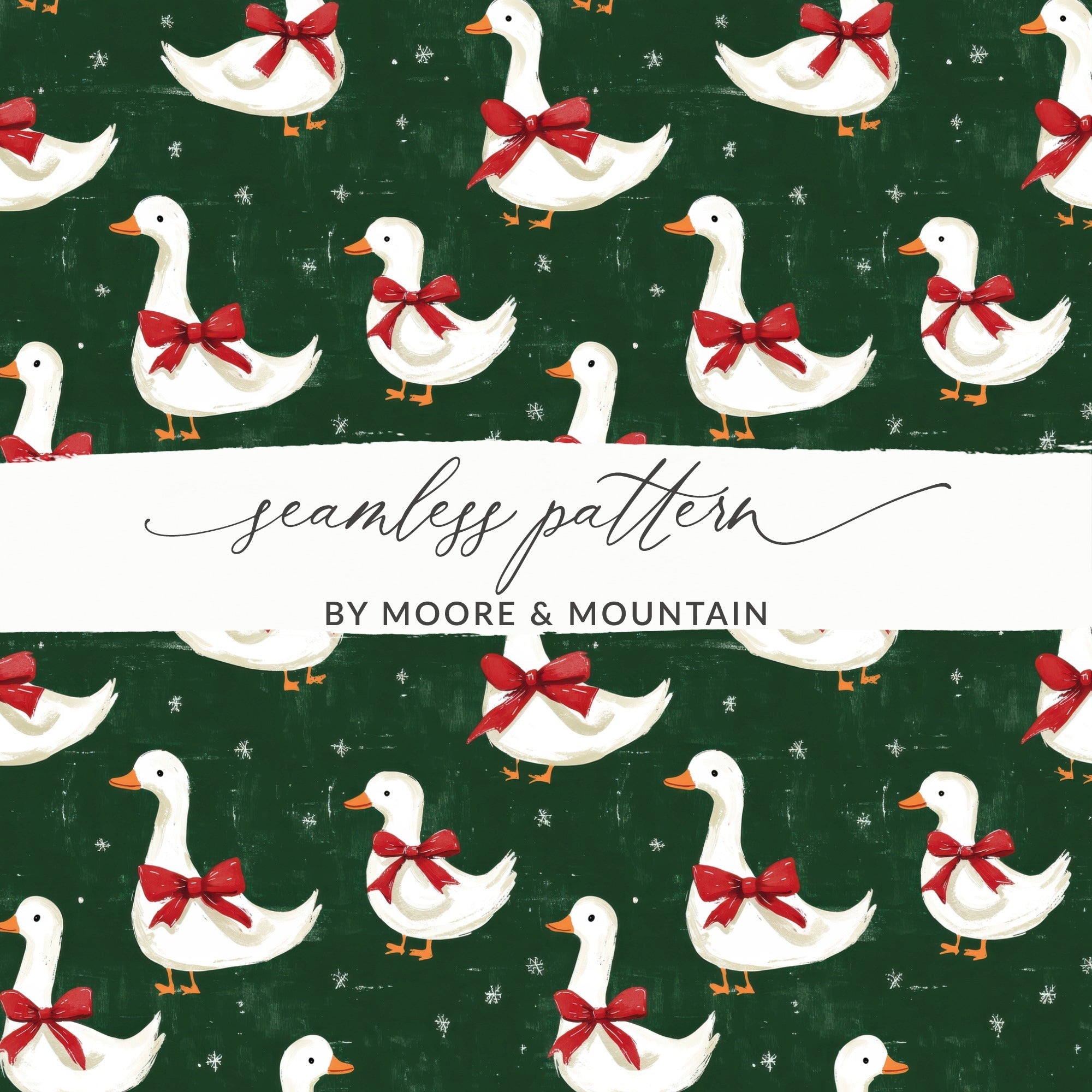 Holiday Geese With Bows on Dark Green Background Digital - Moore and Mountain