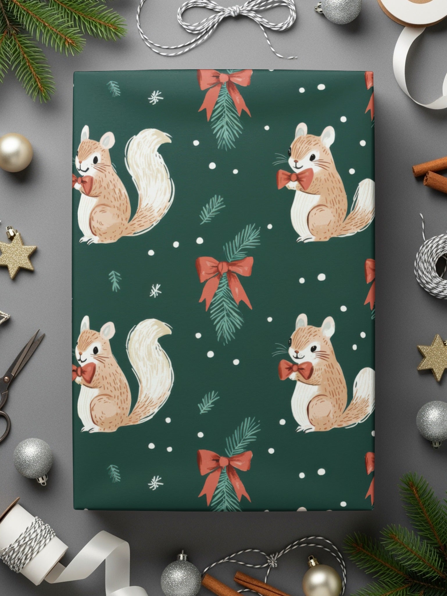 Holiday Squirrels with Bow Ties on Green Background Digital - Moore and Mountain