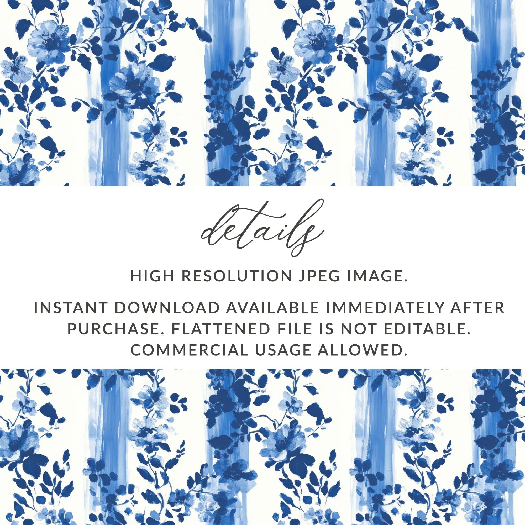 Indigo Floral Stripe Digital Paper, Watercolor Flower Pattern, Seamless Fabric Design, 12x12 JPEG, Digital Download - Moore and Mountain