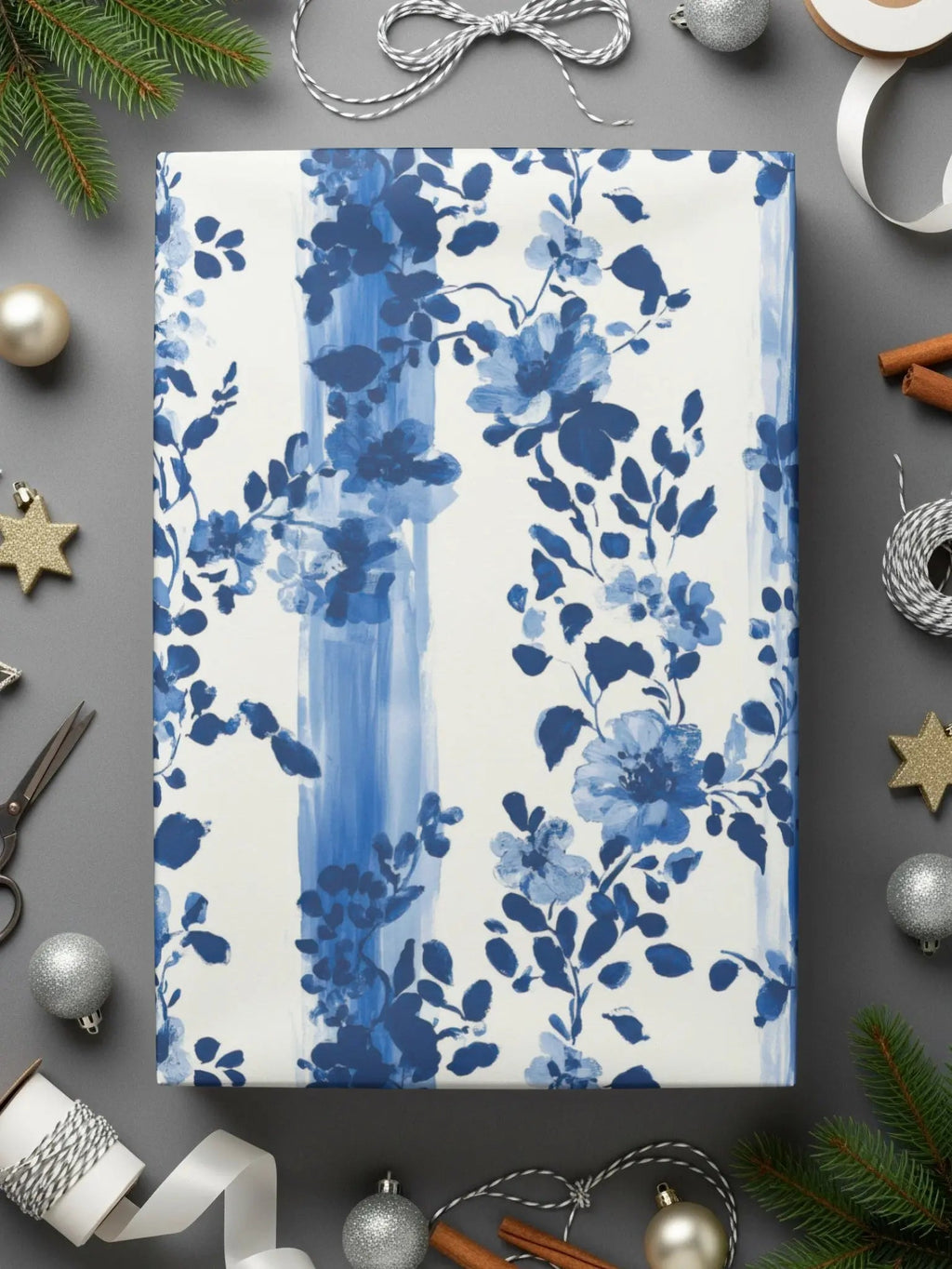 Indigo Floral Stripe Digital Paper, Watercolor Flower Pattern, Seamless Fabric Design, 12x12 JPEG, Digital Download - Moore and Mountain