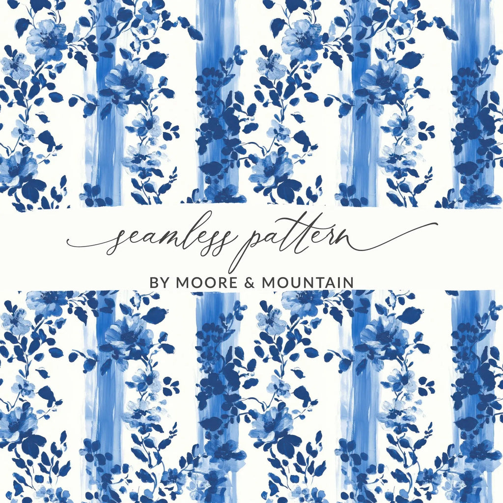 Indigo Floral Stripe Digital Paper, Watercolor Flower Pattern, Seamless Fabric Design, 12x12 JPEG, Digital Download - Moore and Mountain