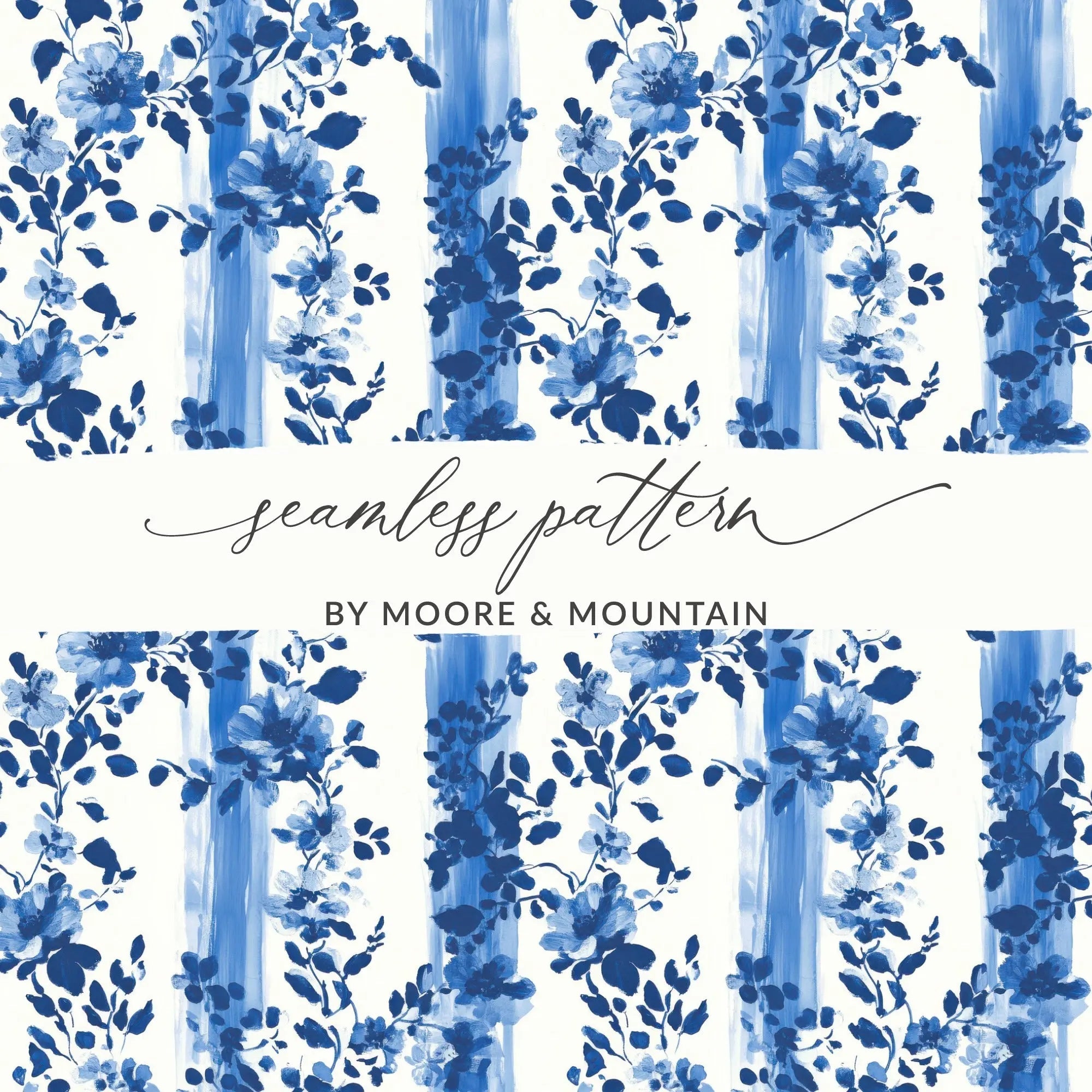 Indigo Floral Stripe Digital Paper, Watercolor Flower Pattern, Seamless Fabric Design, 12x12 JPEG, Digital Download - Moore and Mountain