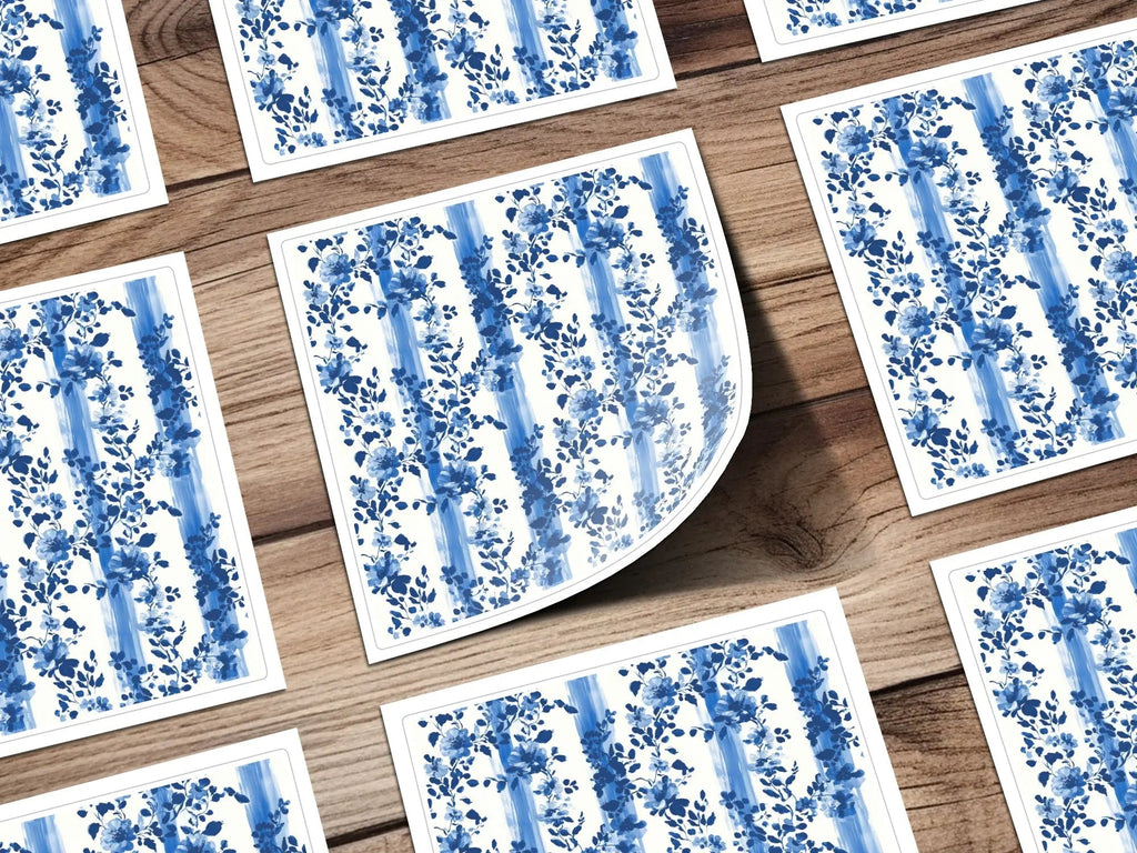 Indigo Floral Stripe Digital Paper, Watercolor Flower Pattern, Seamless Fabric Design, 12x12 JPEG, Digital Download - Moore and Mountain