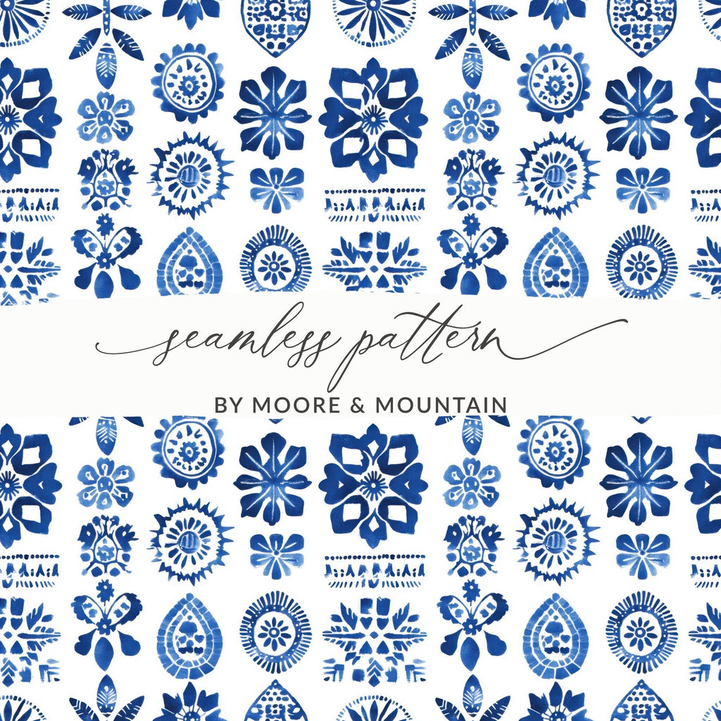 Indigo Impressions A Floral Medley on White Digital - Moore and Mountain