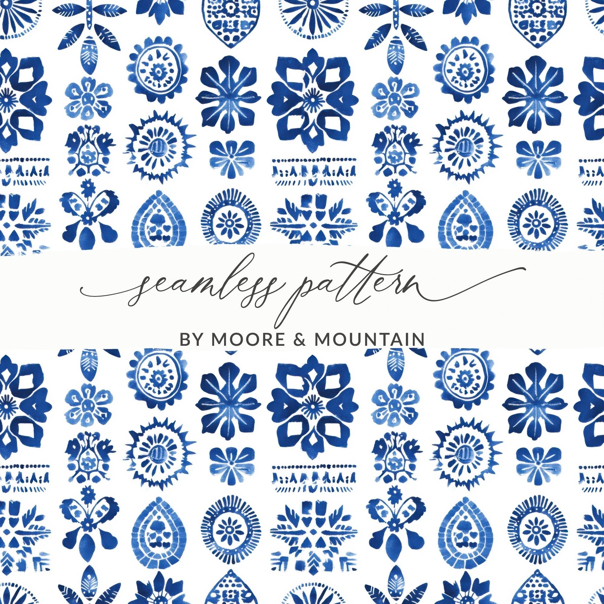 Indigo Impressions A Floral Medley on White Digital - Moore and Mountain