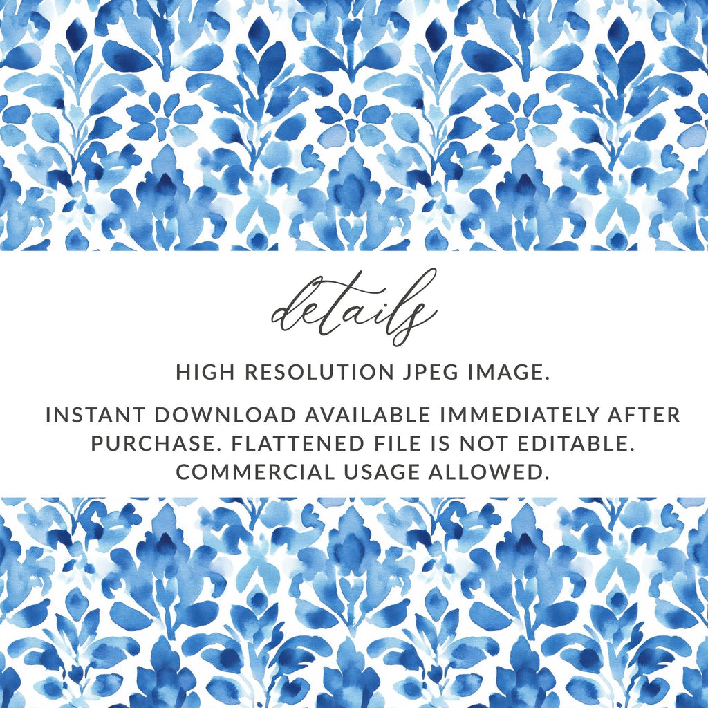 Indigo Watercolor Leaves Flower Damask Pattern Digital - Moore and Mountain