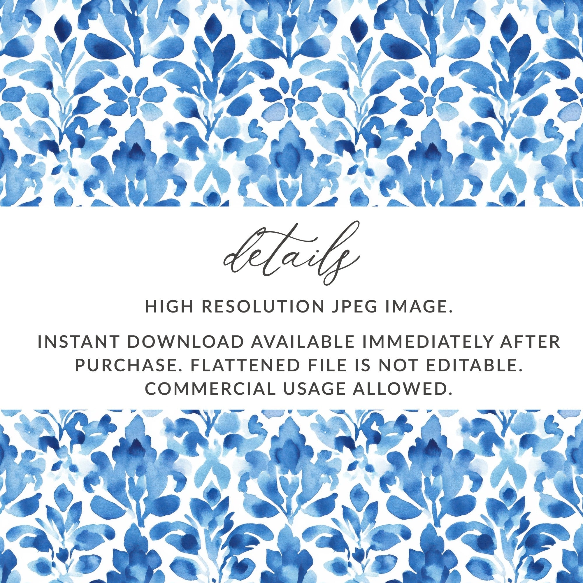 Indigo Watercolor Leaves Flower Damask Pattern Digital - Moore and Mountain