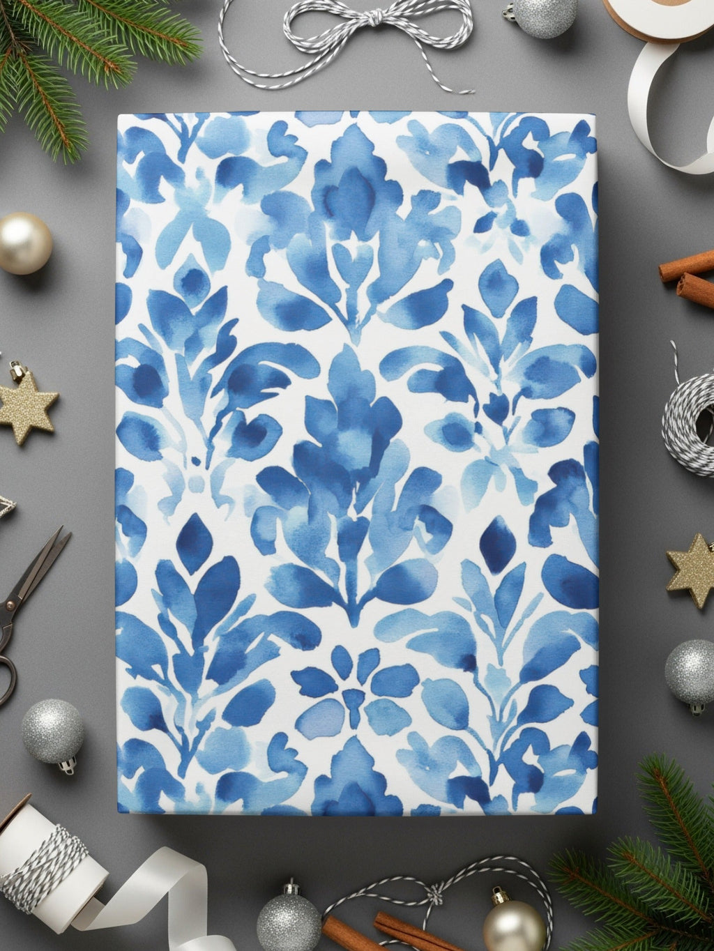 Indigo Watercolor Leaves Flower Damask Pattern Digital - Moore and Mountain