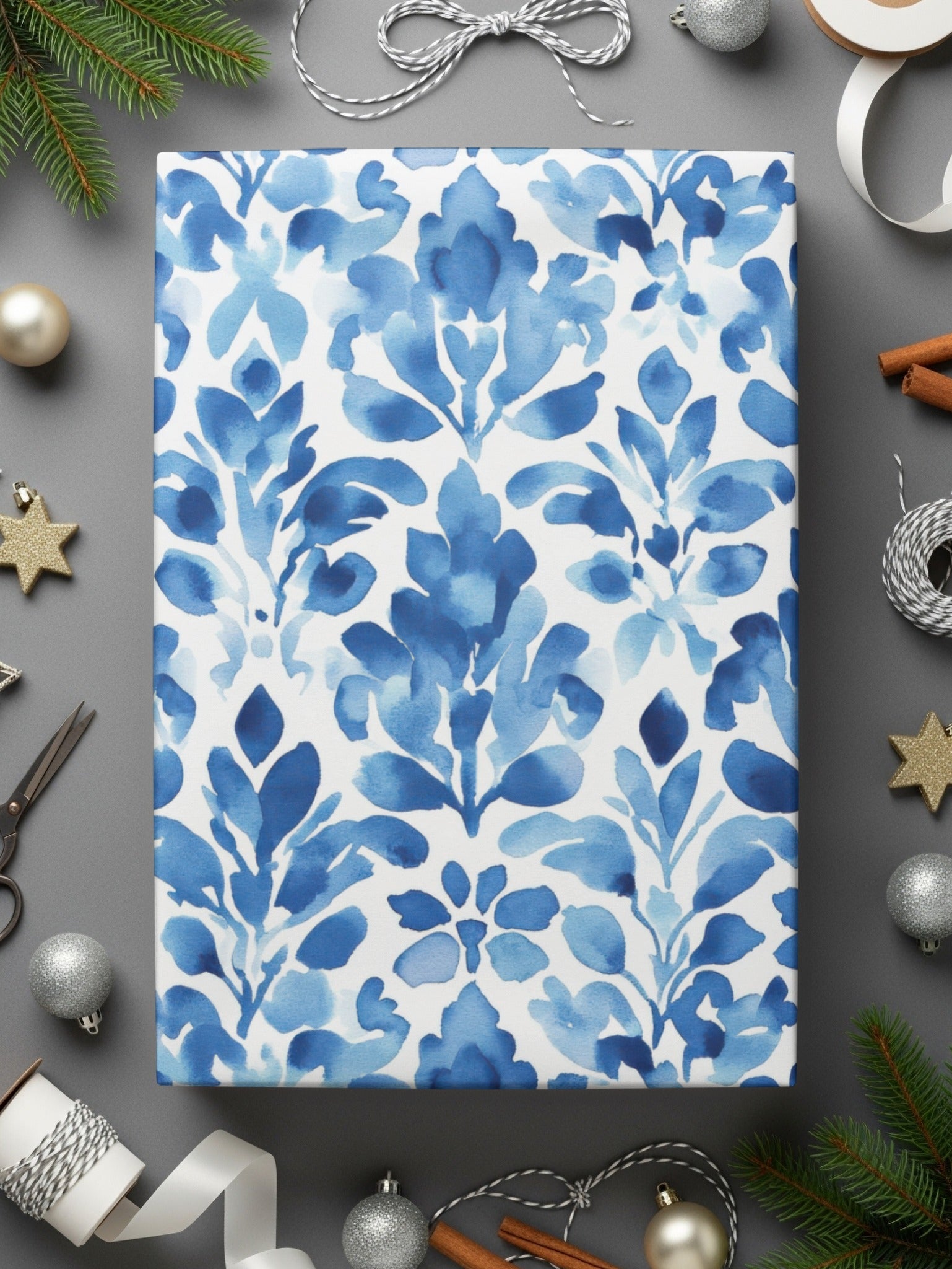 Indigo Watercolor Leaves Flower Damask Pattern Digital - Moore and Mountain
