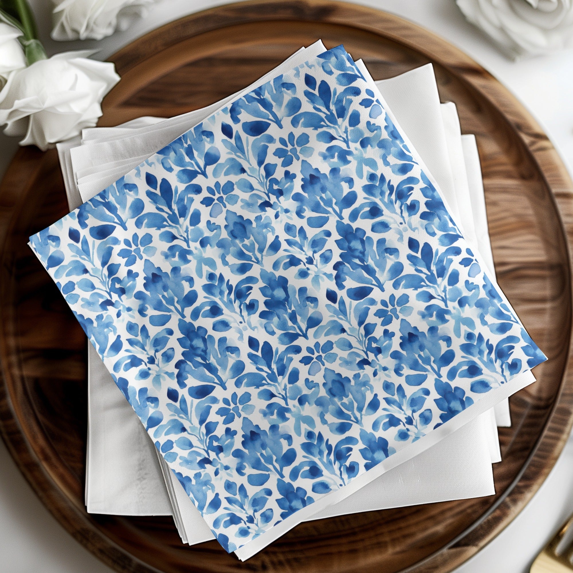 Indigo Watercolor Leaves Flower Damask Pattern Digital - Moore and Mountain