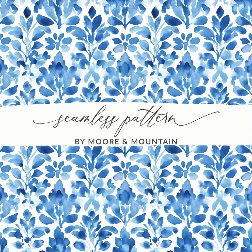 Indigo Watercolor Leaves Flower Damask Pattern Digital - Moore and Mountain