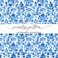 Indigo Watercolor Leaves Flower Damask Pattern Digital - Moore and Mountain