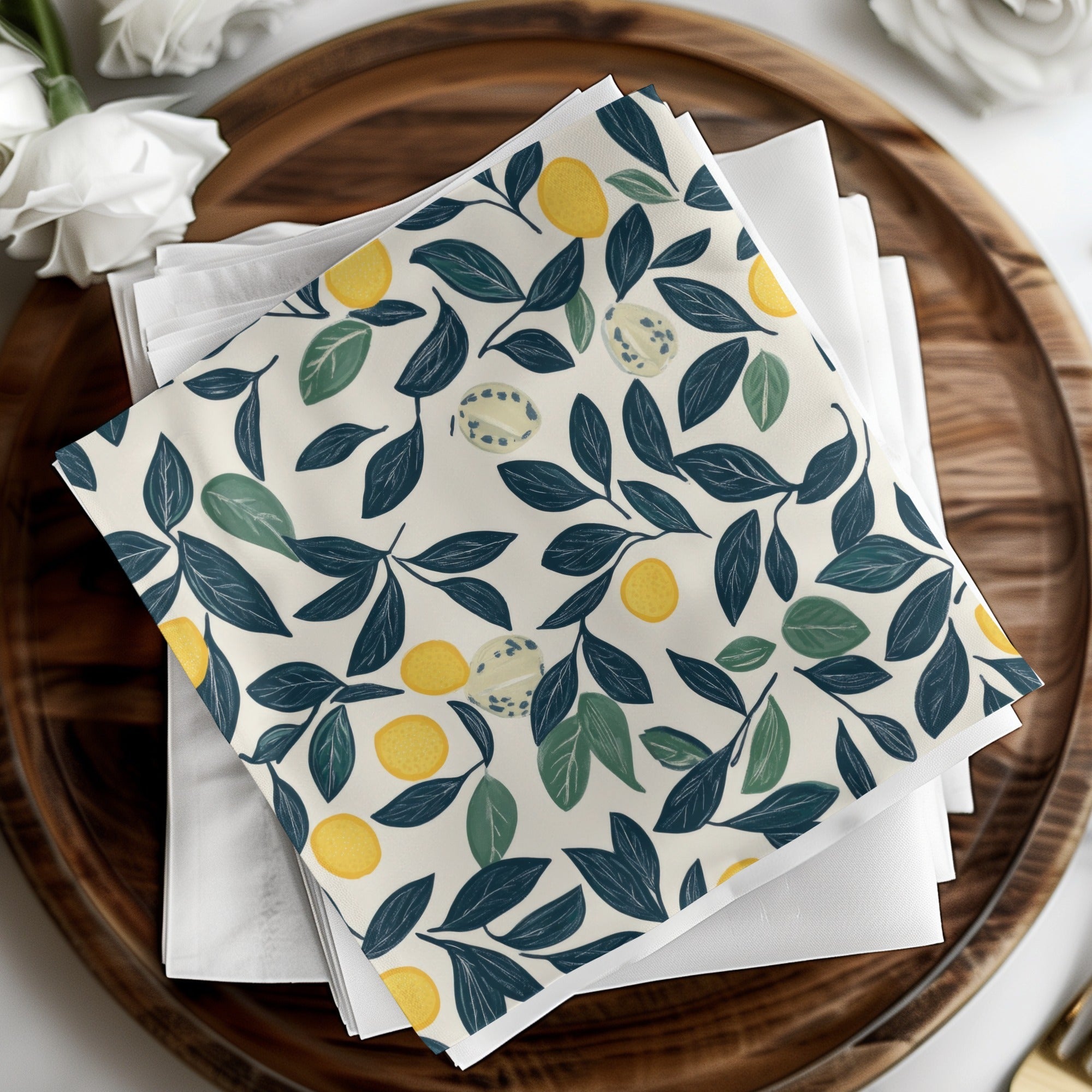 Lemon Digital Paper, Dark Blue Leaves Pattern, Printable Lemon Seamless Pattern, Yellow Citrus Print, Summer Digital, Food Pattern - Moore and Mountain