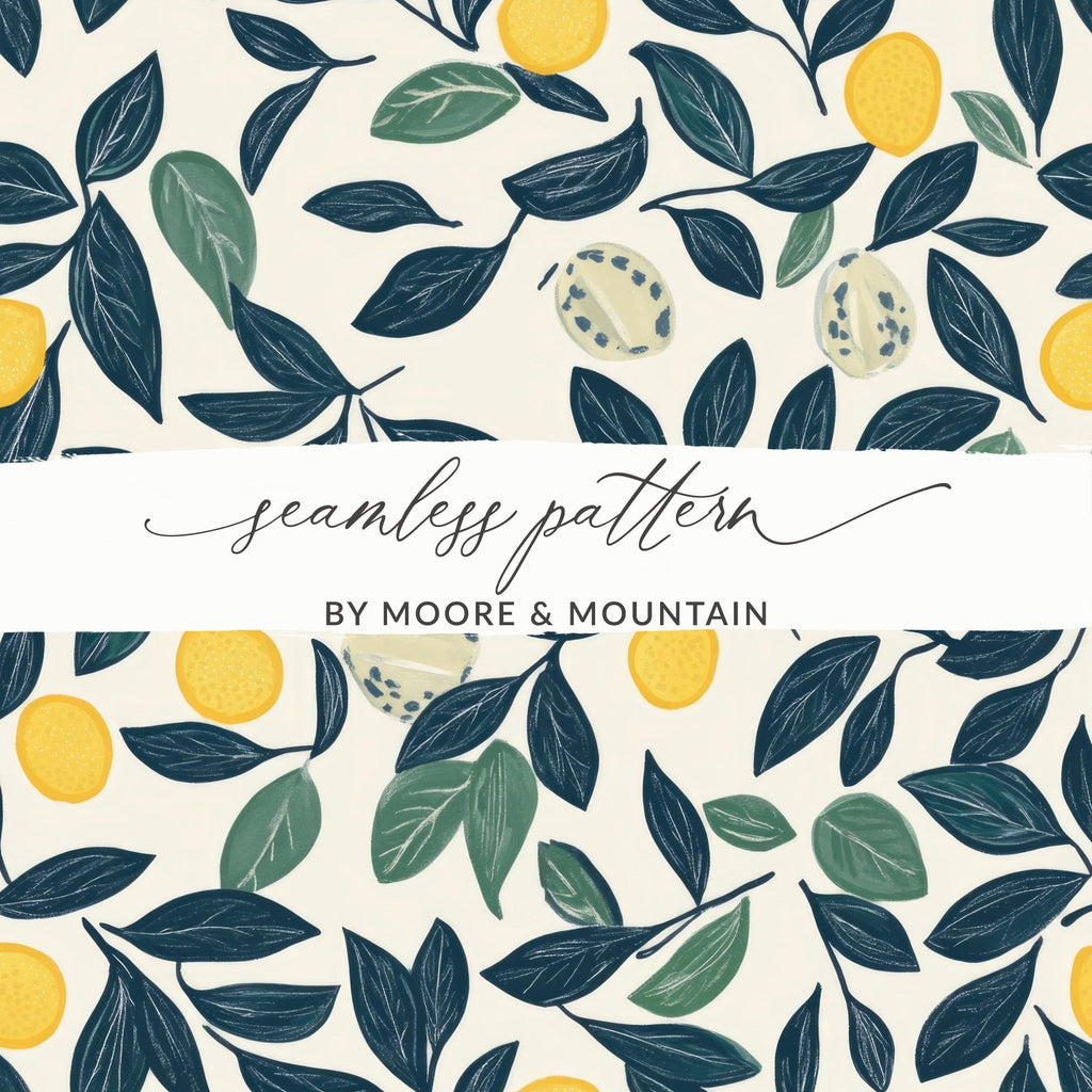 Lemon Digital Paper, Dark Blue Leaves Pattern, Printable Lemon Seamless Pattern, Yellow Citrus Print, Summer Digital, Food Pattern - Moore and Mountain
