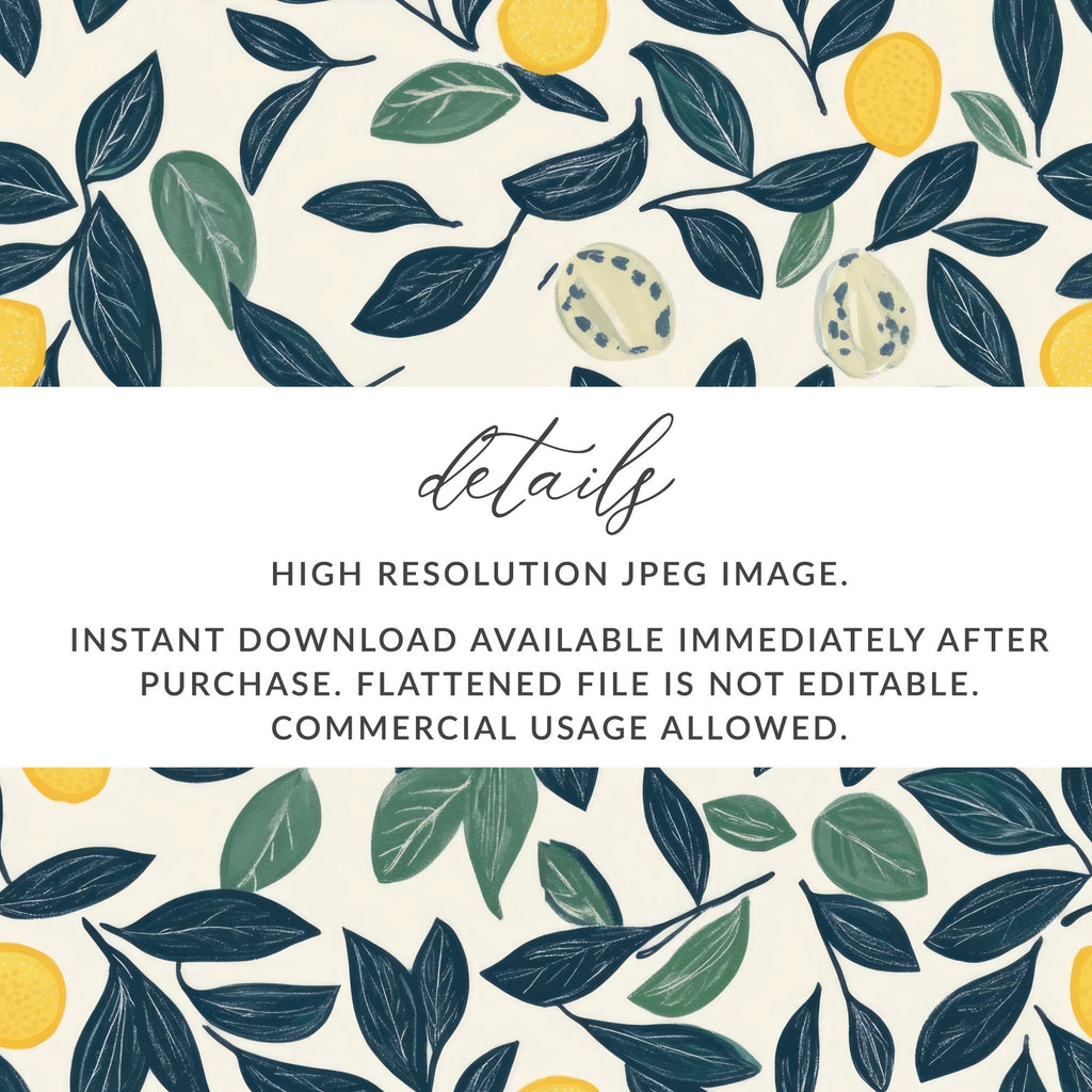 Lemon Digital Paper, Dark Blue Leaves Pattern, Printable Lemon Seamless Pattern, Yellow Citrus Print, Summer Digital, Food Pattern - Moore and Mountain