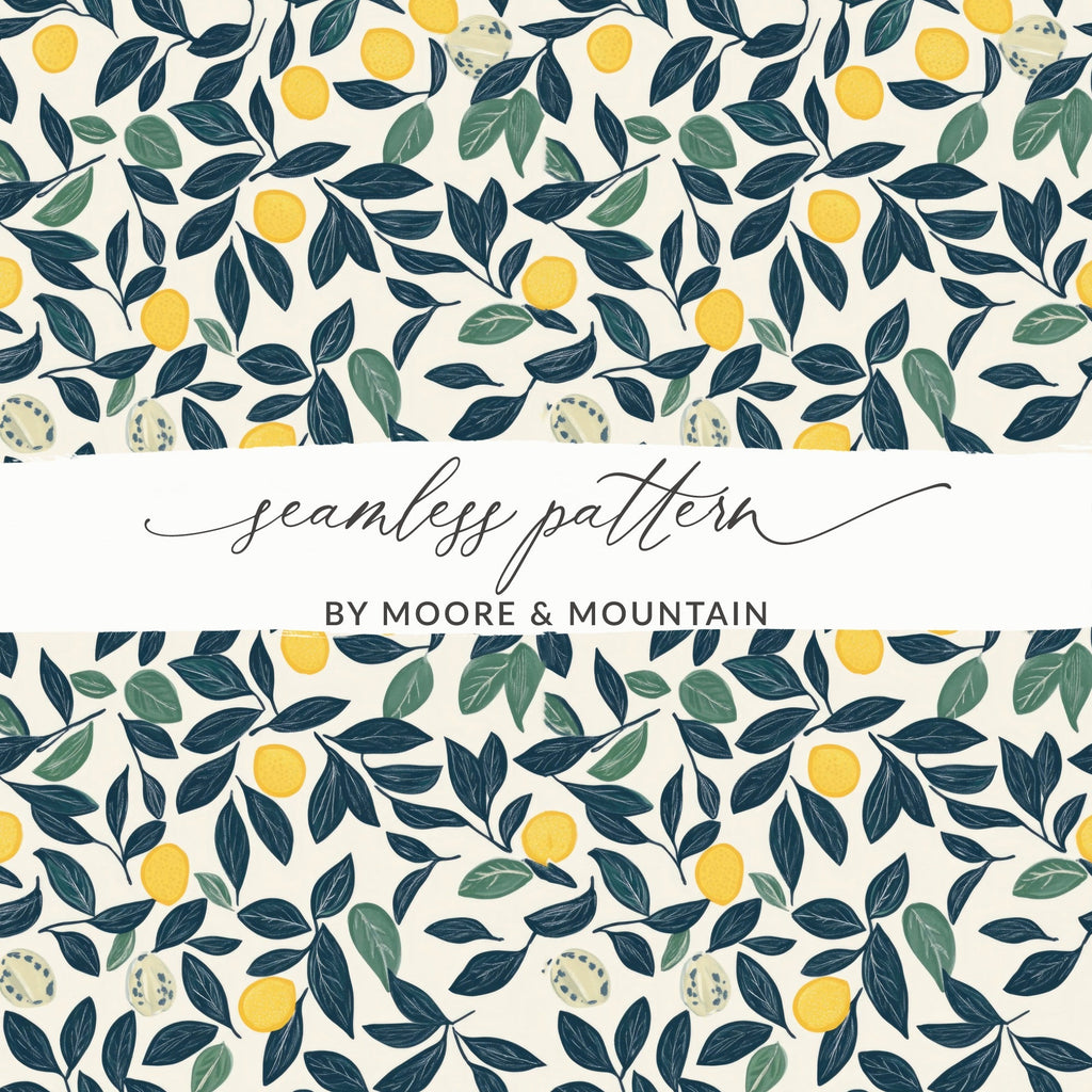Lemon Digital Paper, Dark Green Leaves Pattern, Printable Seamless Background, Citrus Fruit Wallpaper, Tropical Summer Scrapbook Paper - Moore and Mountain