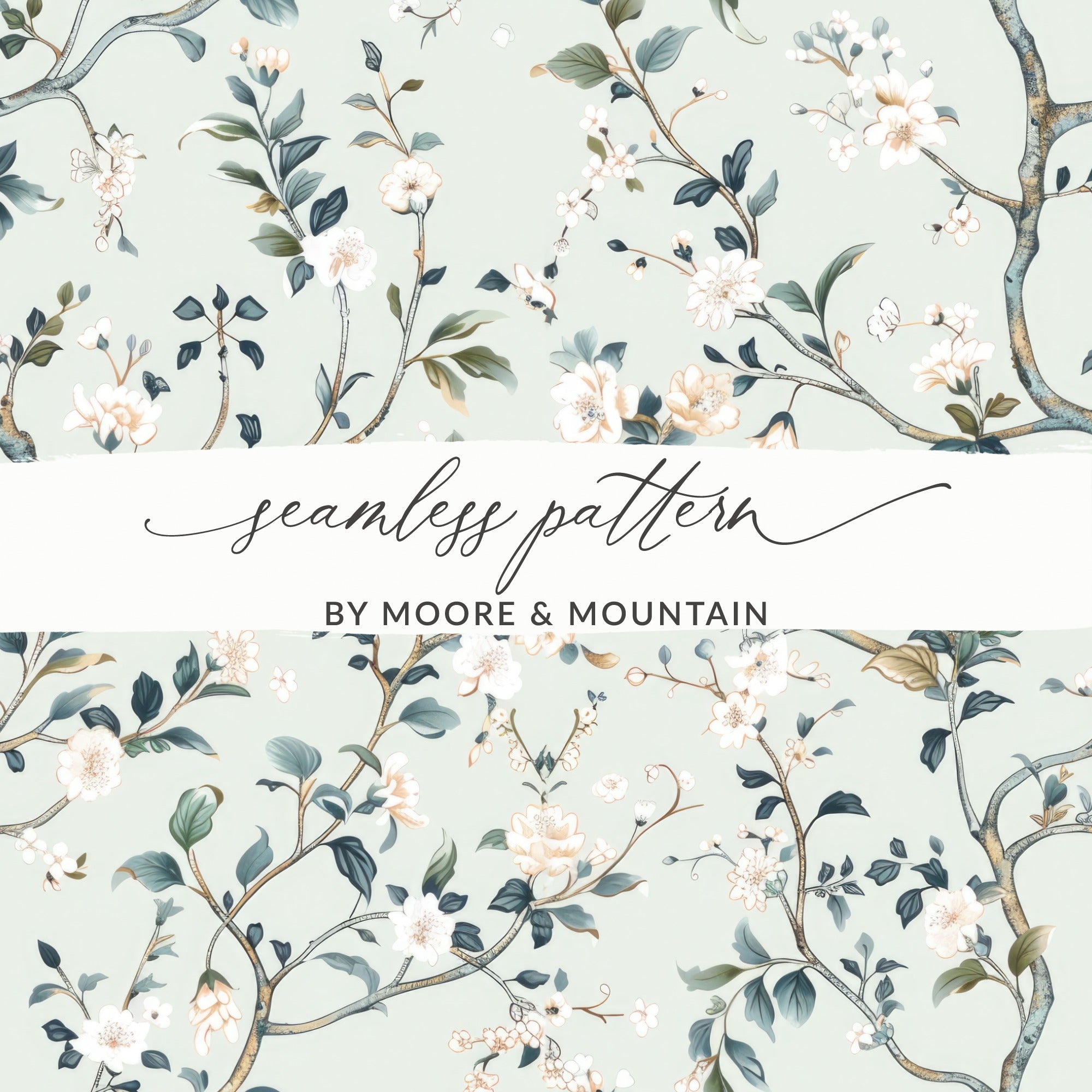 Light Blue Chinoiserie Floral Pattern on Pastel Background Vintage Style Digital - Moore and Mountain