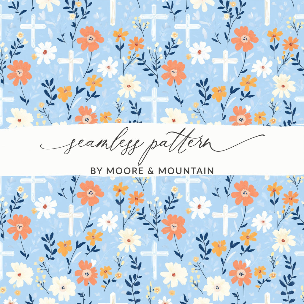 Light Blue Floral Cross Pattern Digital Paper, Spring Flowers, Watercolor Design, Easter Seamless Pattern, Neutral Background - Moore and Mountain