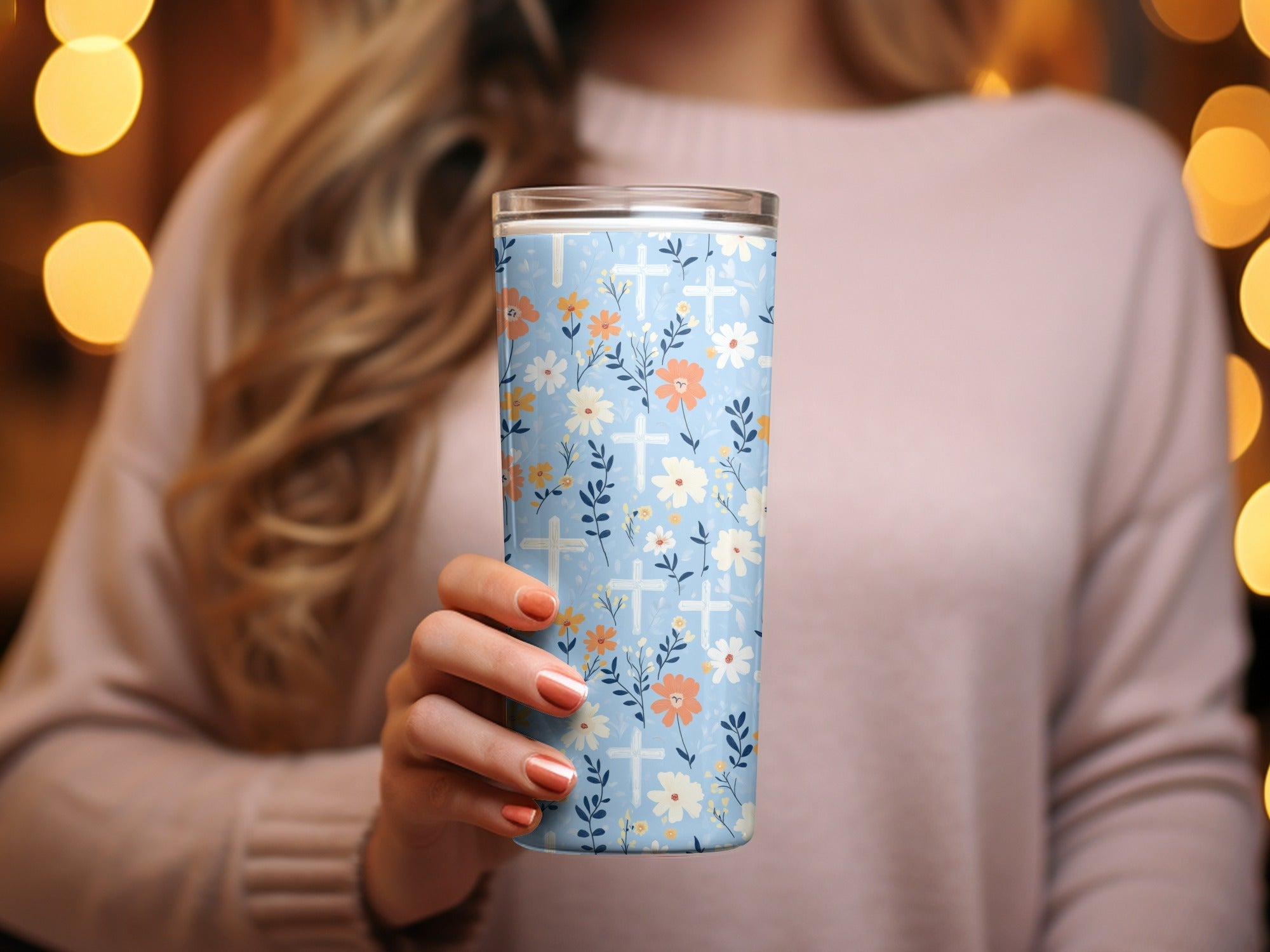 Light Blue Floral Cross Pattern Digital Paper, Spring Flowers, Watercolor Design, Easter Seamless Pattern, Neutral Background - Moore and Mountain