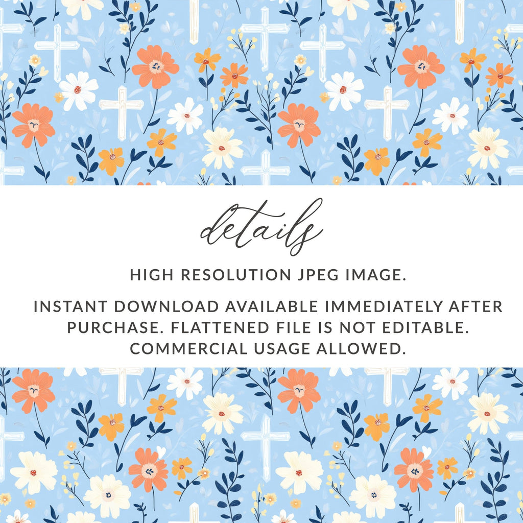 Light Blue Floral Cross Pattern Digital Paper, Spring Flowers, Watercolor Design, Easter Seamless Pattern, Neutral Background - Moore and Mountain
