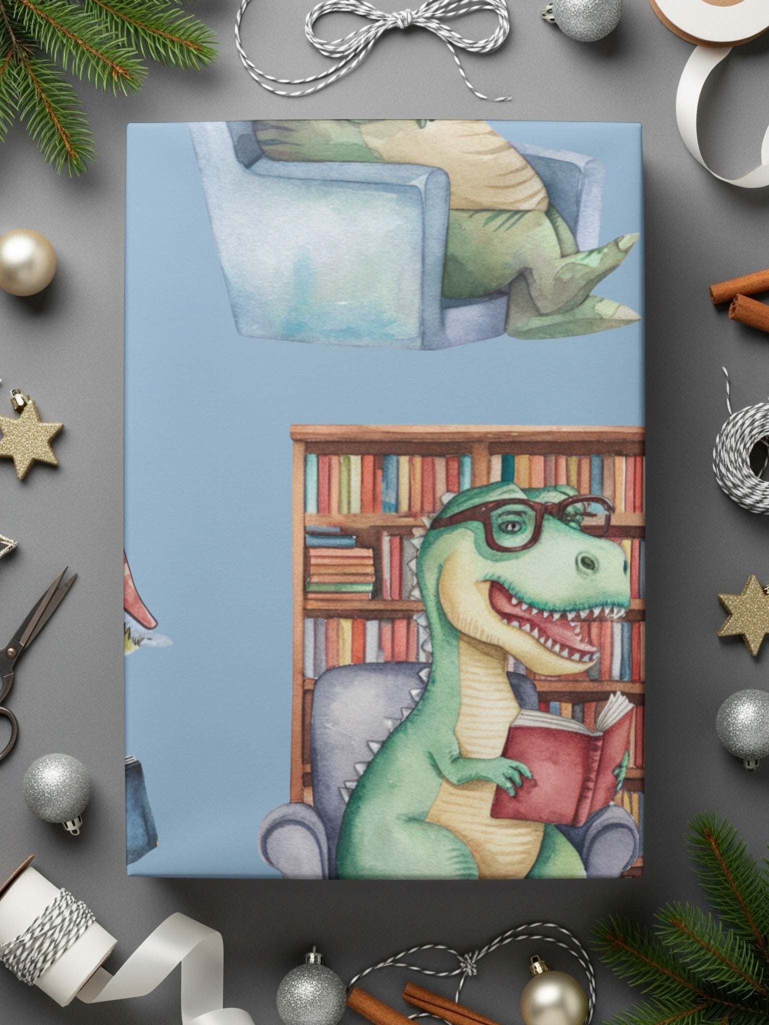 Light Blue Watercolor Dinosaurs Reading Books Pattern - Moore and Mountain