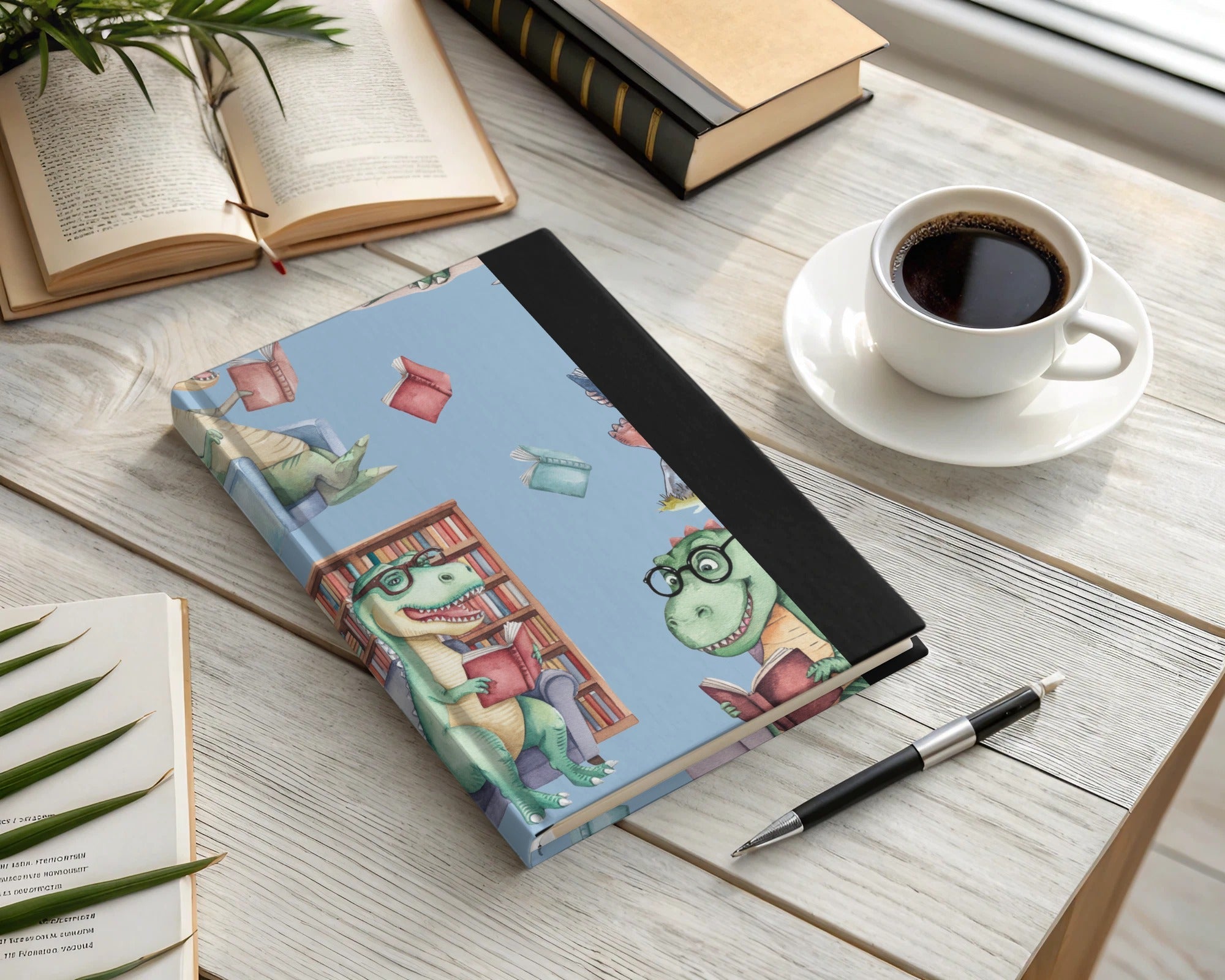 Light Blue Watercolor Dinosaurs Reading Books Pattern - Moore and Mountain