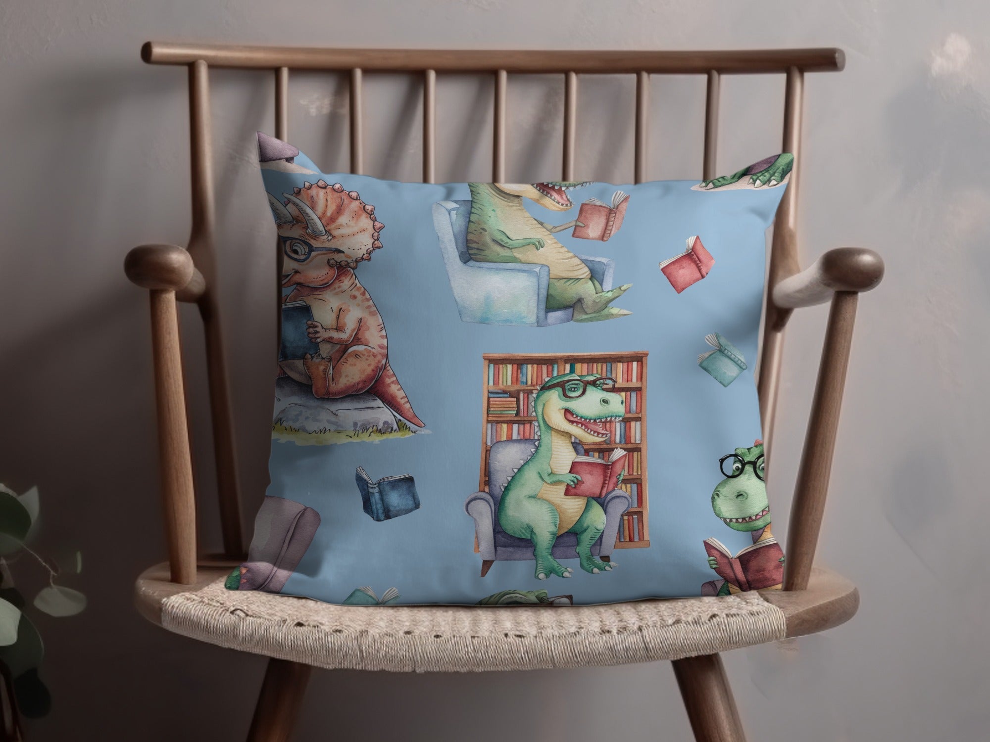 Light Blue Watercolor Dinosaurs Reading Books Pattern - Moore and Mountain