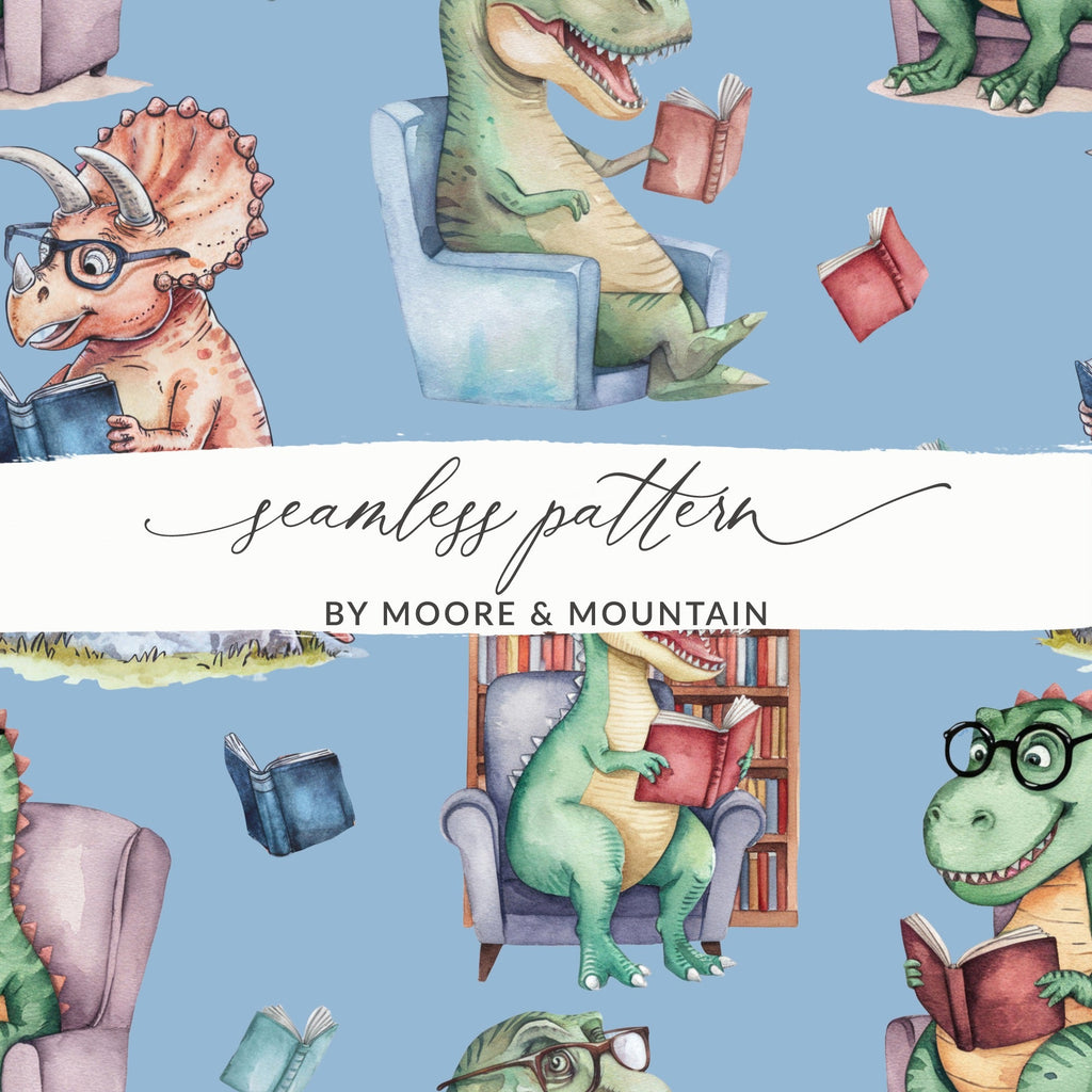 Light Blue Watercolor Dinosaurs Reading Books Pattern - Moore and Mountain
