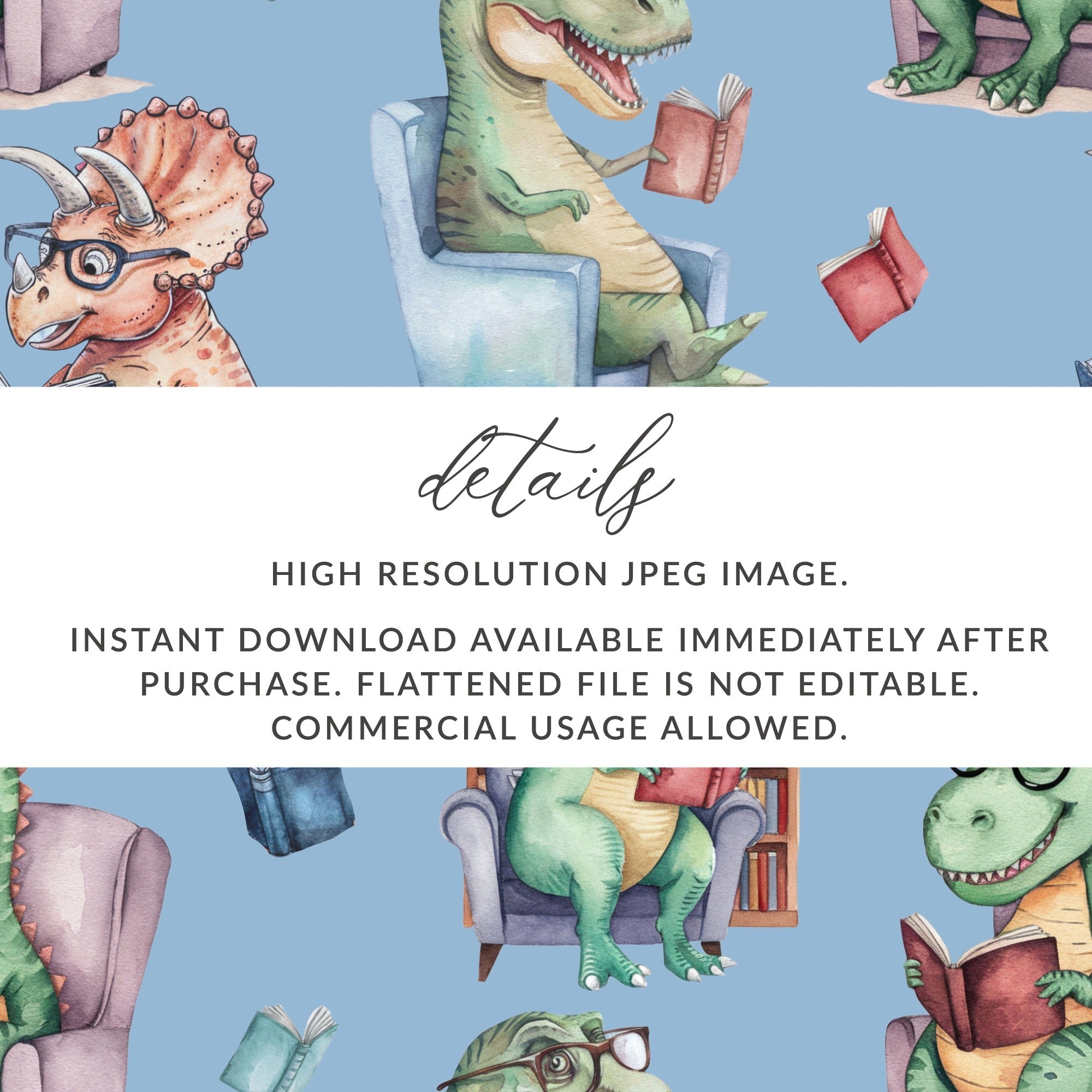 Light Blue Watercolor Dinosaurs Reading Books Pattern - Moore and Mountain