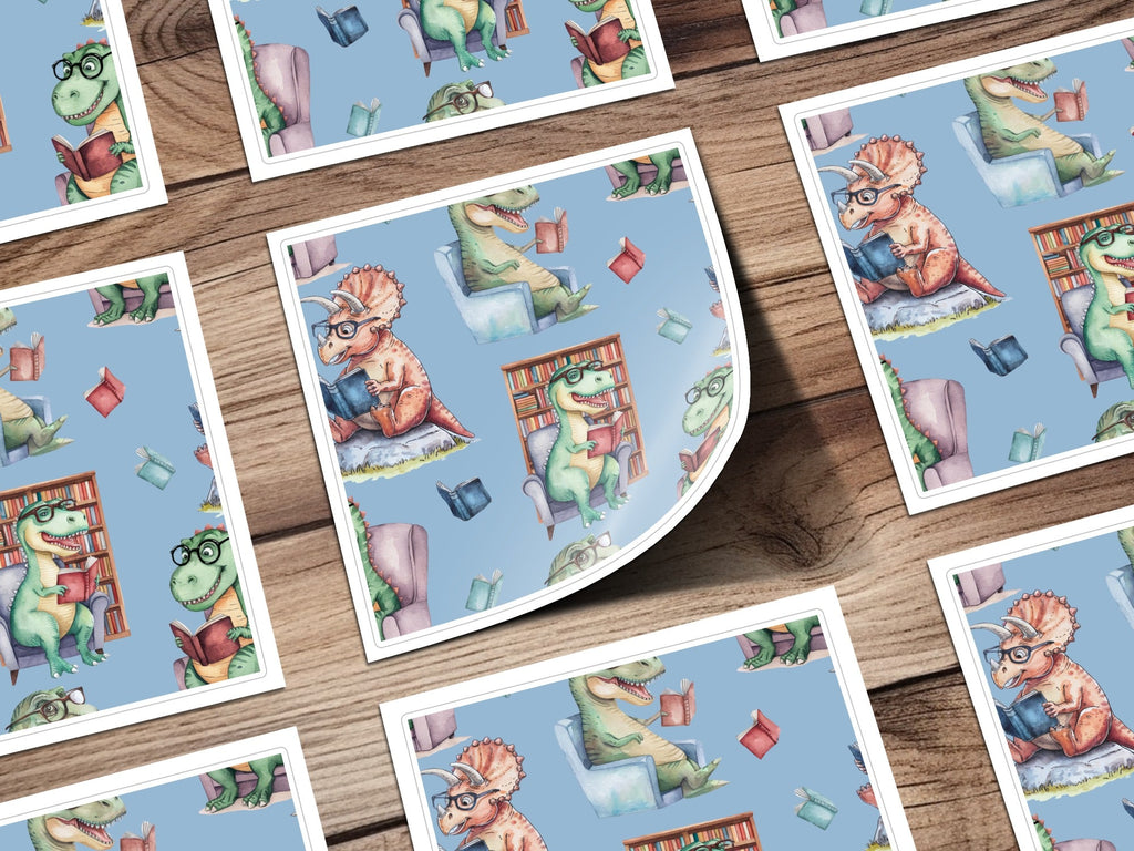 Light Blue Watercolor Dinosaurs Reading Books Pattern - Moore and Mountain