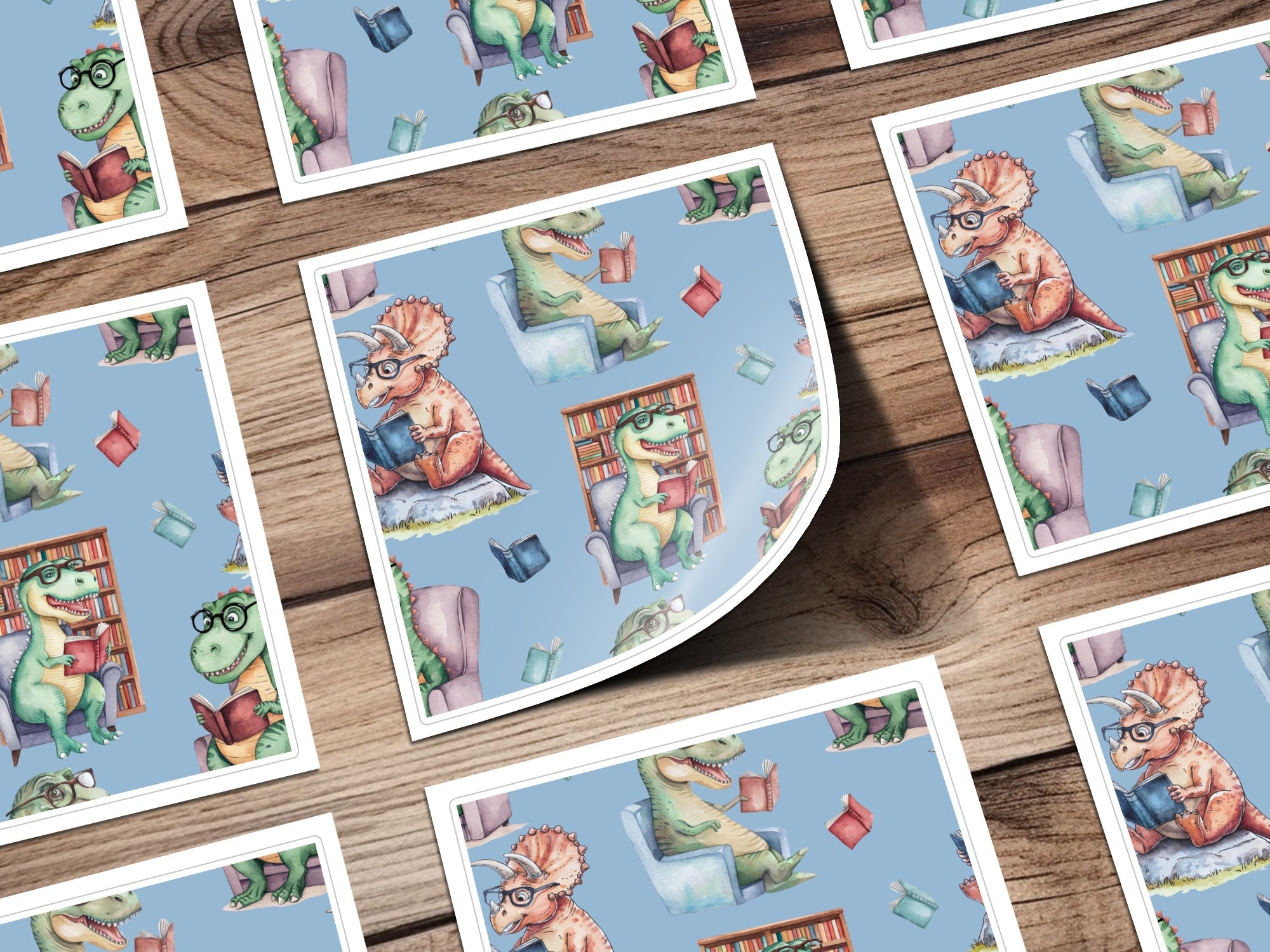 Light Blue Watercolor Dinosaurs Reading Books Pattern - Moore and Mountain