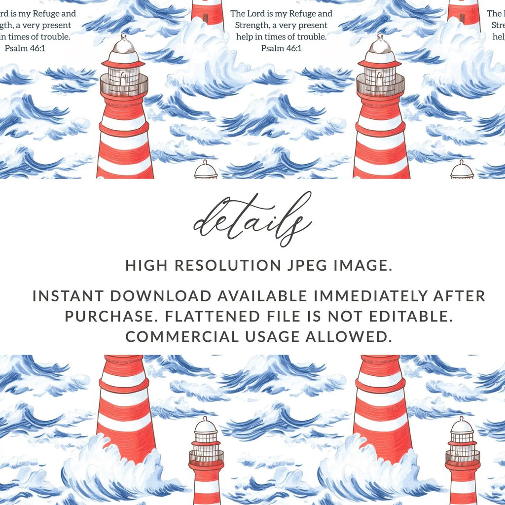 Lighthouse Seamless Pattern, Ocean Digital Paper, Nautical JPEG, Bible Verse, Psalm 46 1, Religious Design, Commercial Use, Print On Demand - Moore and Mountain
