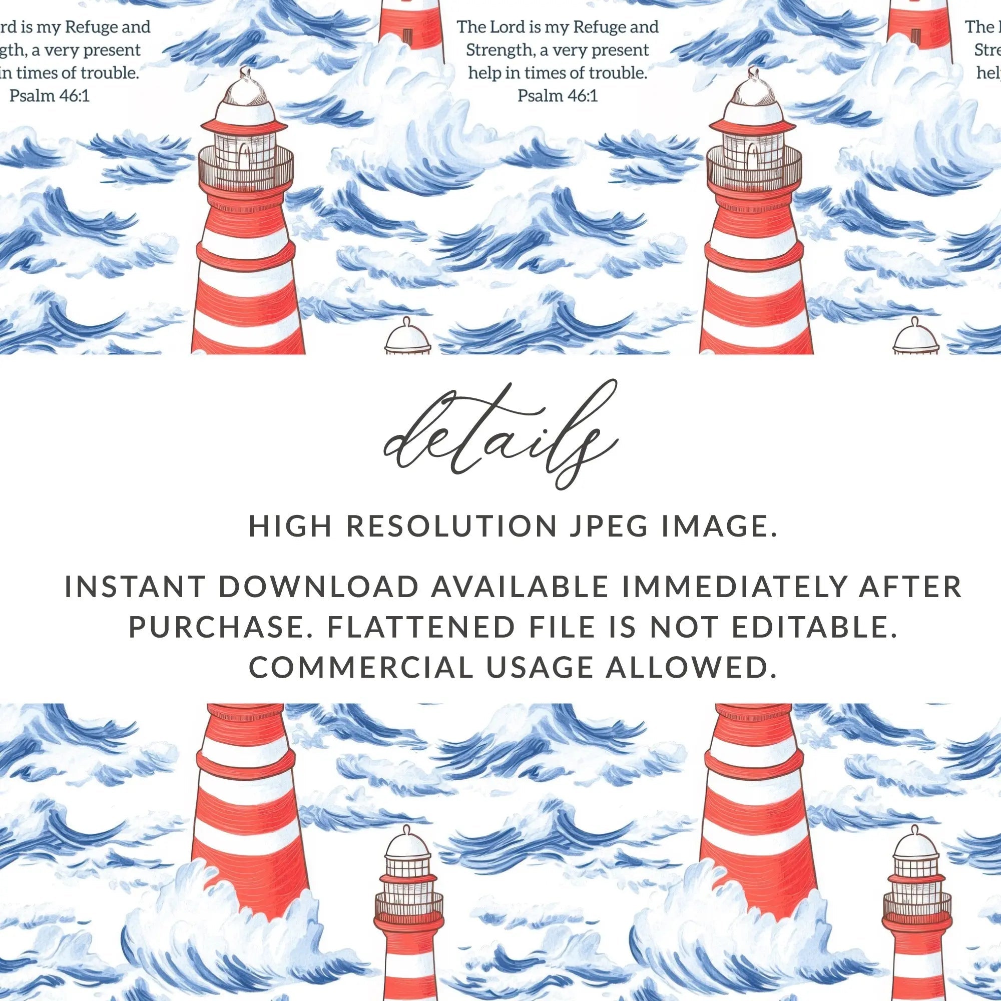 Lighthouse Seamless Pattern, Ocean Digital Paper, Nautical JPEG, Bible Verse, Psalm 46 1, Religious Design, Commercial Use, Print On Demand - Moore and Mountain