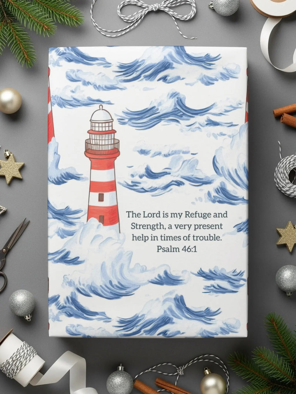 Lighthouse Seamless Pattern, Ocean Digital Paper, Nautical JPEG, Bible Verse, Psalm 46 1, Religious Design, Commercial Use, Print On Demand - Moore and Mountain