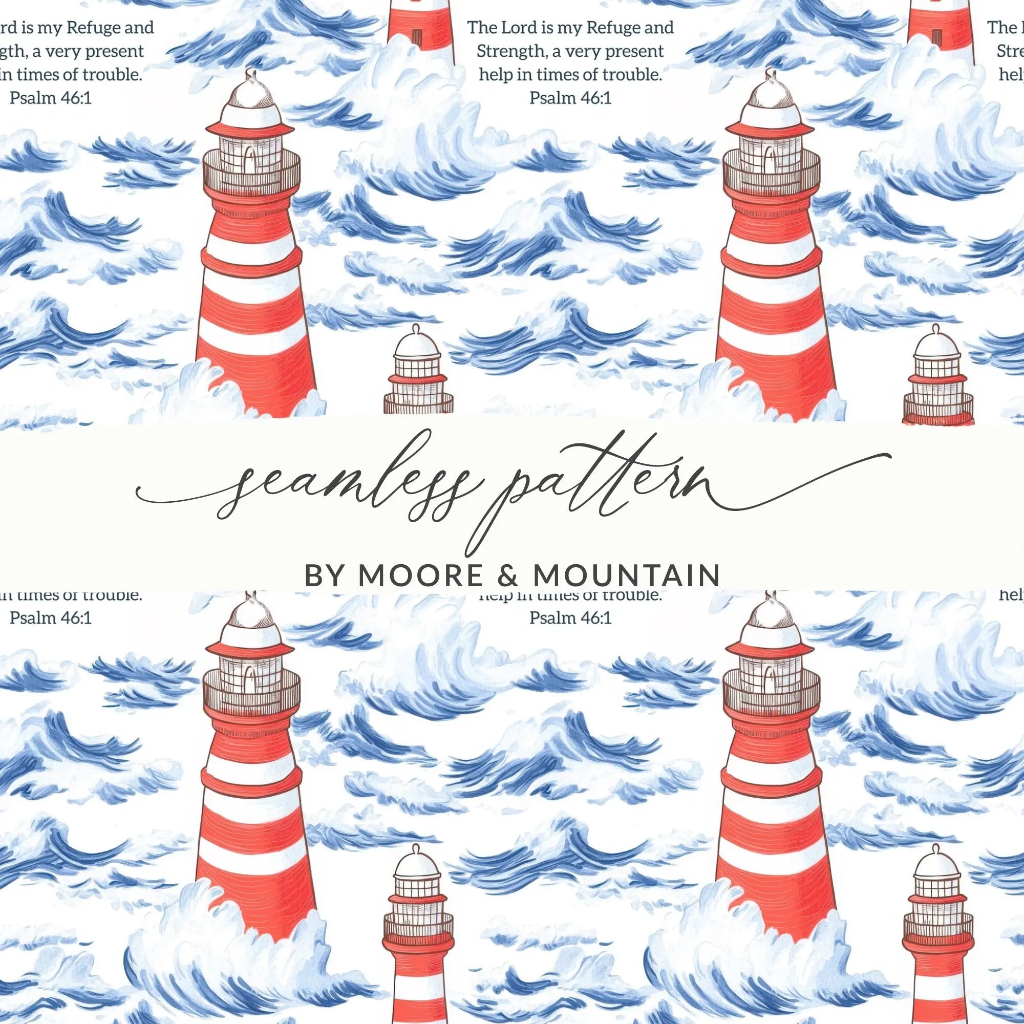 Lighthouse Seamless Pattern, Ocean Digital Paper, Nautical JPEG, Bible Verse, Psalm 46 1, Religious Design, Commercial Use, Print On Demand - Moore and Mountain
