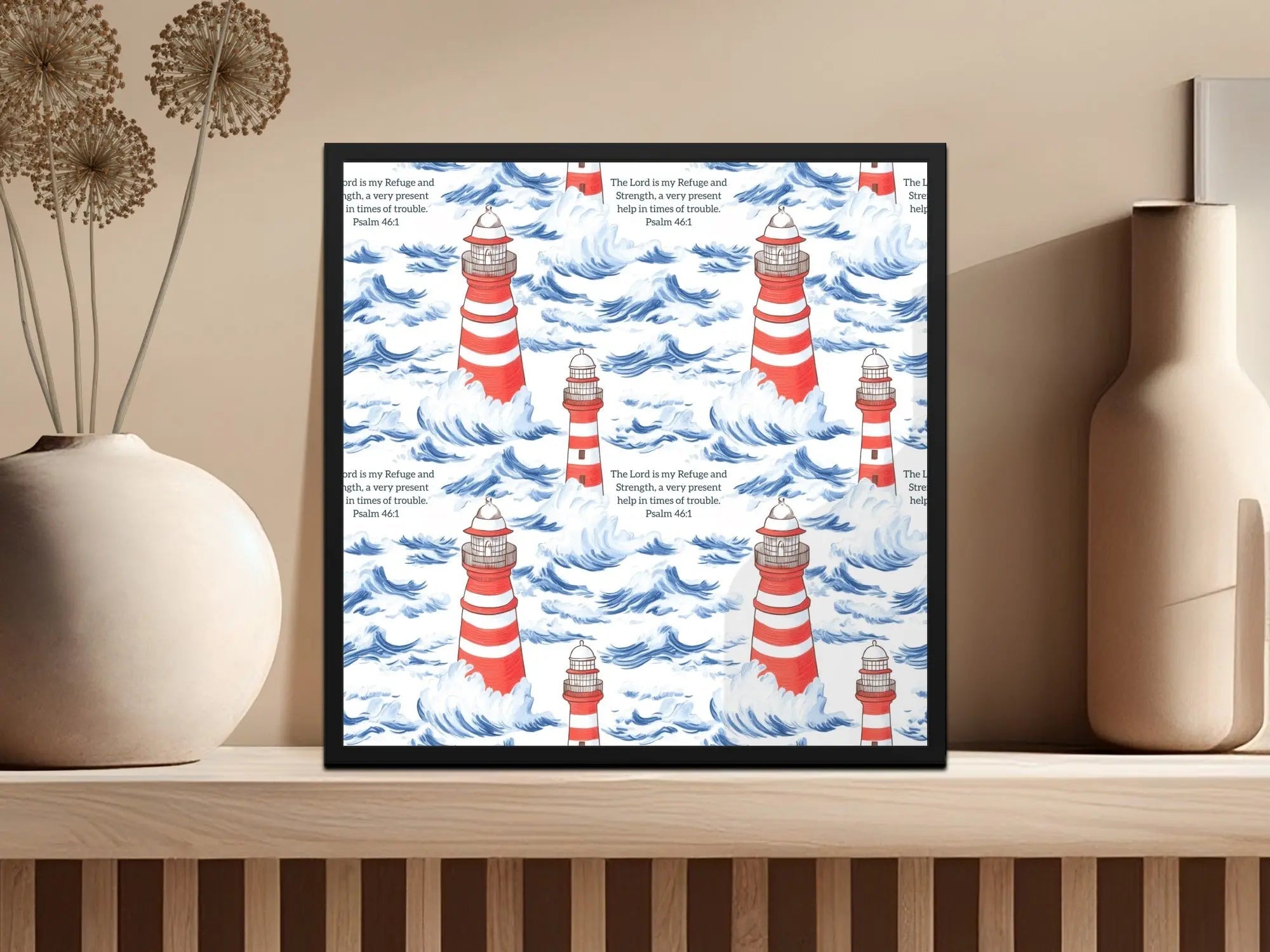 Lighthouse Seamless Pattern, Ocean Digital Paper, Nautical JPEG, Bible Verse, Psalm 46 1, Religious Design, Commercial Use, Print On Demand - Moore and Mountain