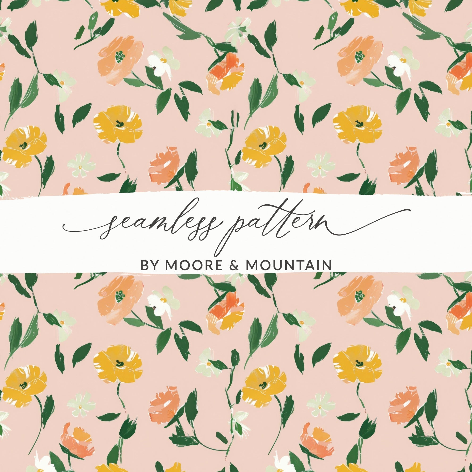 Modern Light Pink Seamless Watercolor Floral Pattern with Peach Background Digital - Moore and Mountain