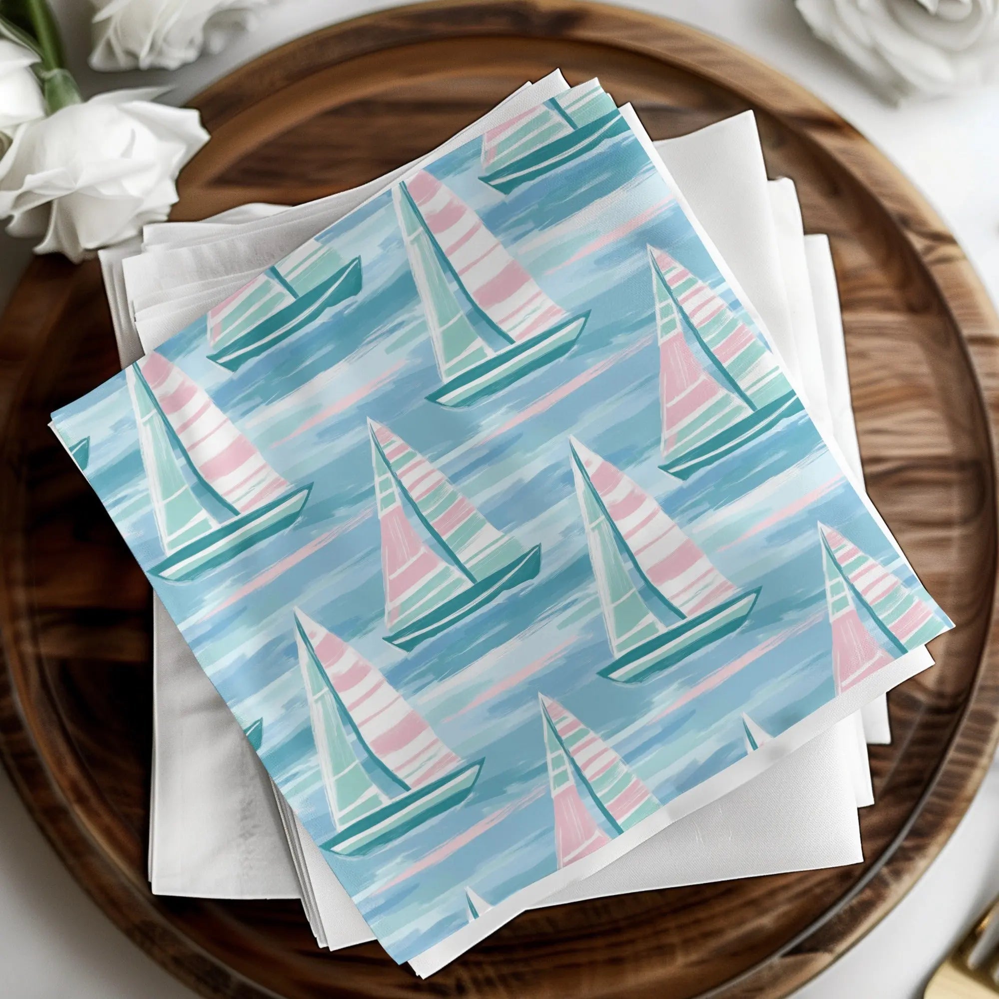 Nautical Sailboat Seamless Pattern Digital Paper, Summer Seascape Design, Pastel Sailing Boat Surface Pattern, Waterscape Download - Moore and Mountain