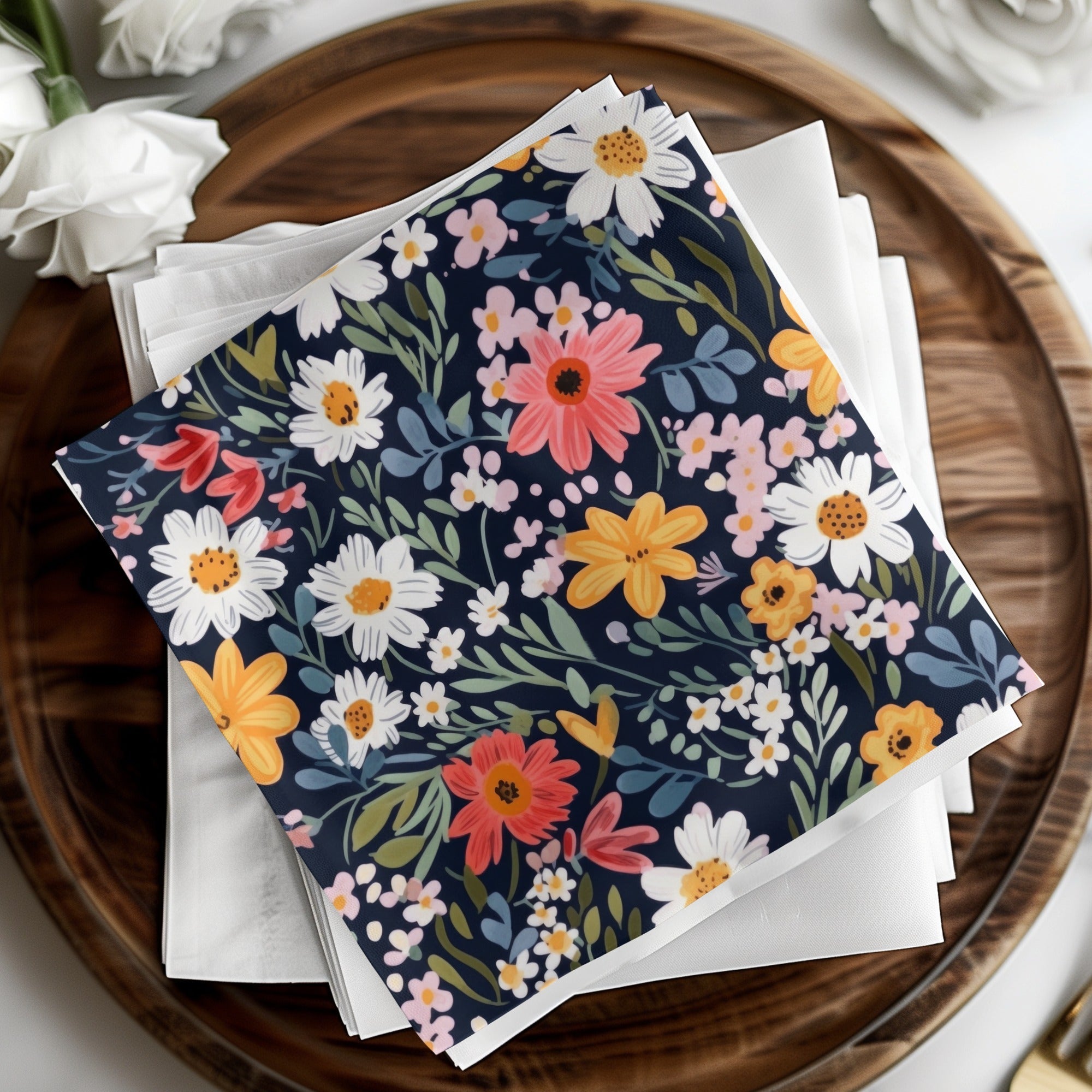 Navy Blue Colorful Ditsy Flowers on Dark Blue Spring Pattern Digital - Moore and Mountain